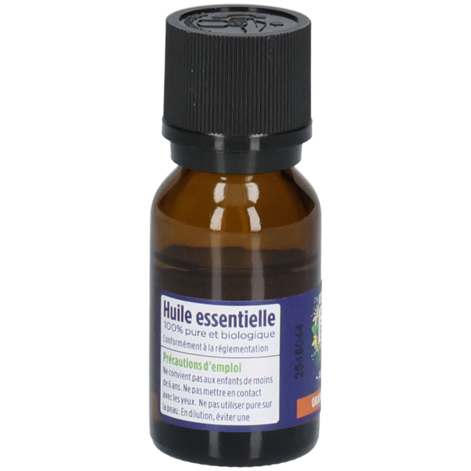 Braune Glasflasche mit schwarzem Deckel. Etikett mit Text: Huile essentielle. 100% pure et biologique.
