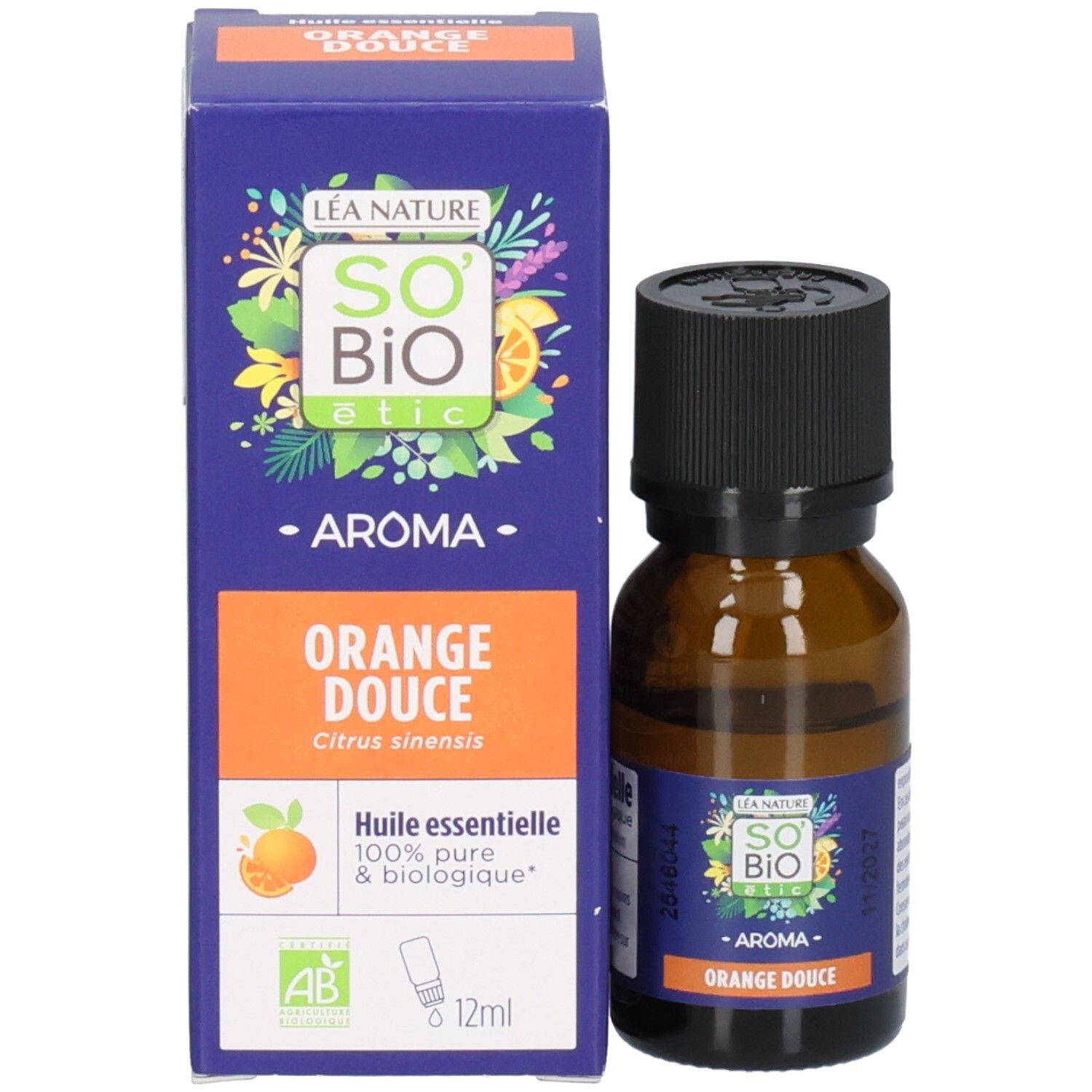 Produktverpackung mit Flasche. Blaue Schachtel mit Text: Aroma Orange Douce. Marke: So Bio Etic. 12ml.