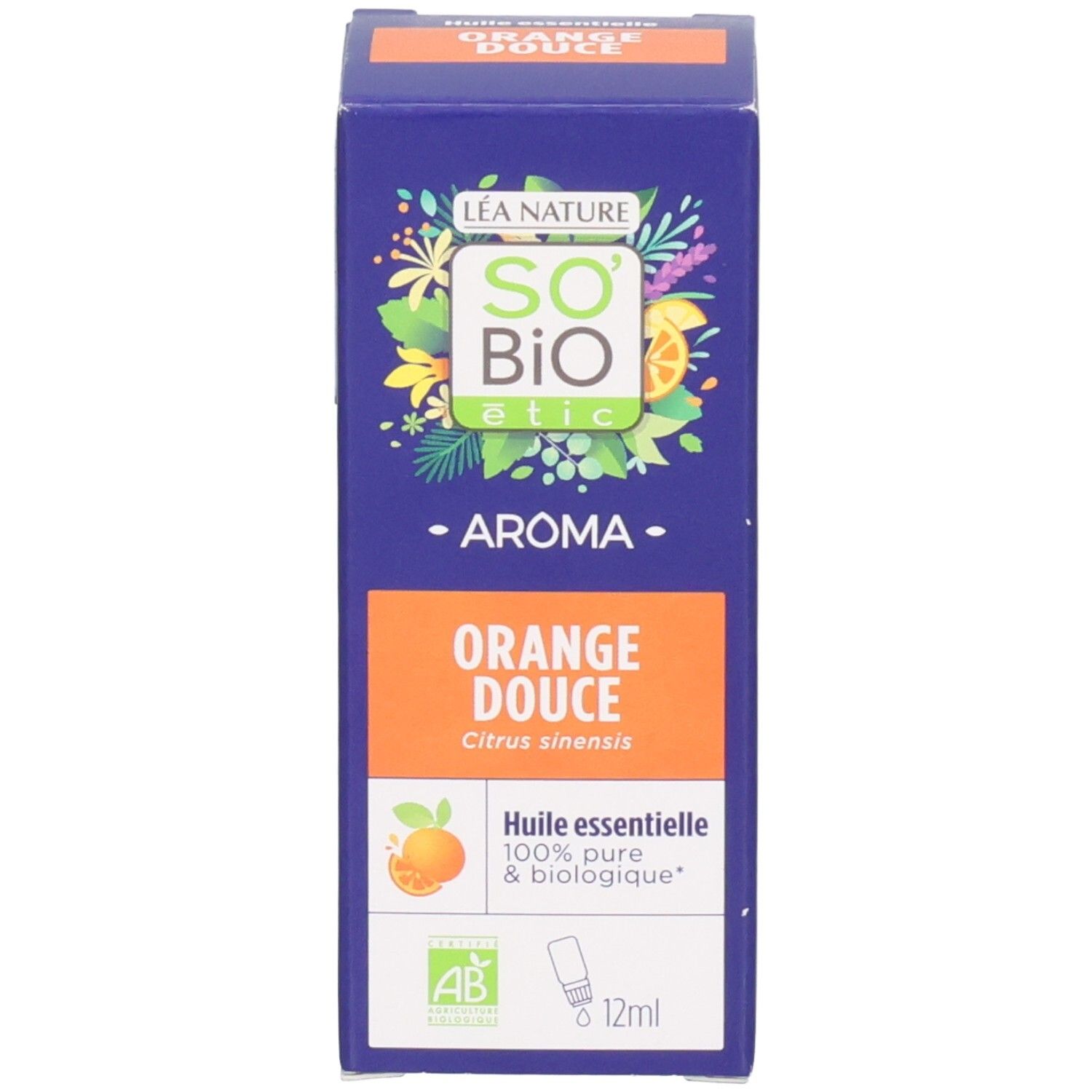 Blaue Produktverpackung mit Text: Aroma Orange Douce. Marke: So Bio Etic. Mit AB-Zertifizierung.