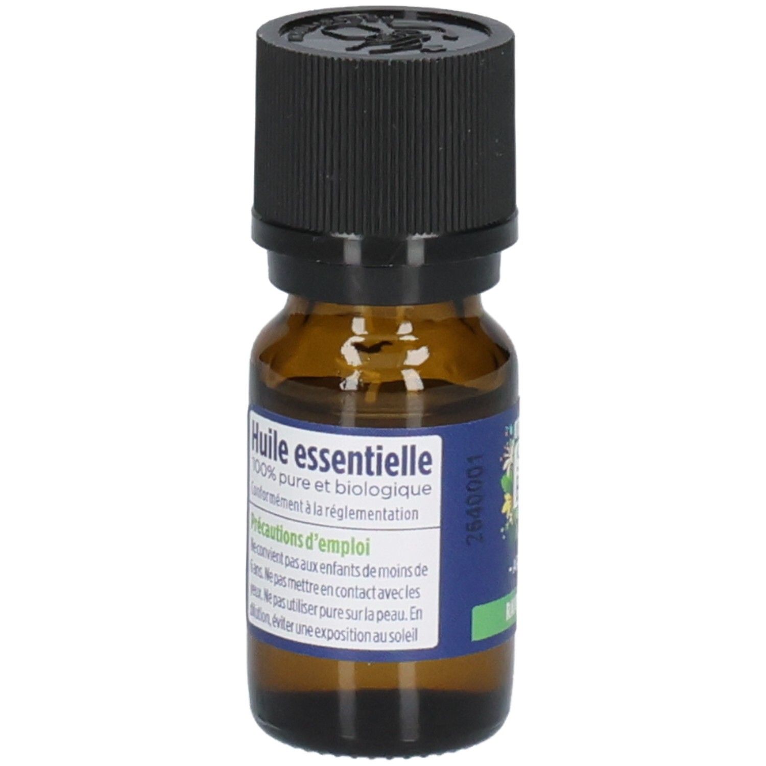Braune Glasflasche mit schwarzem Deckel. Etikett mit Text: Huile essentielle 100% pure et biologique.