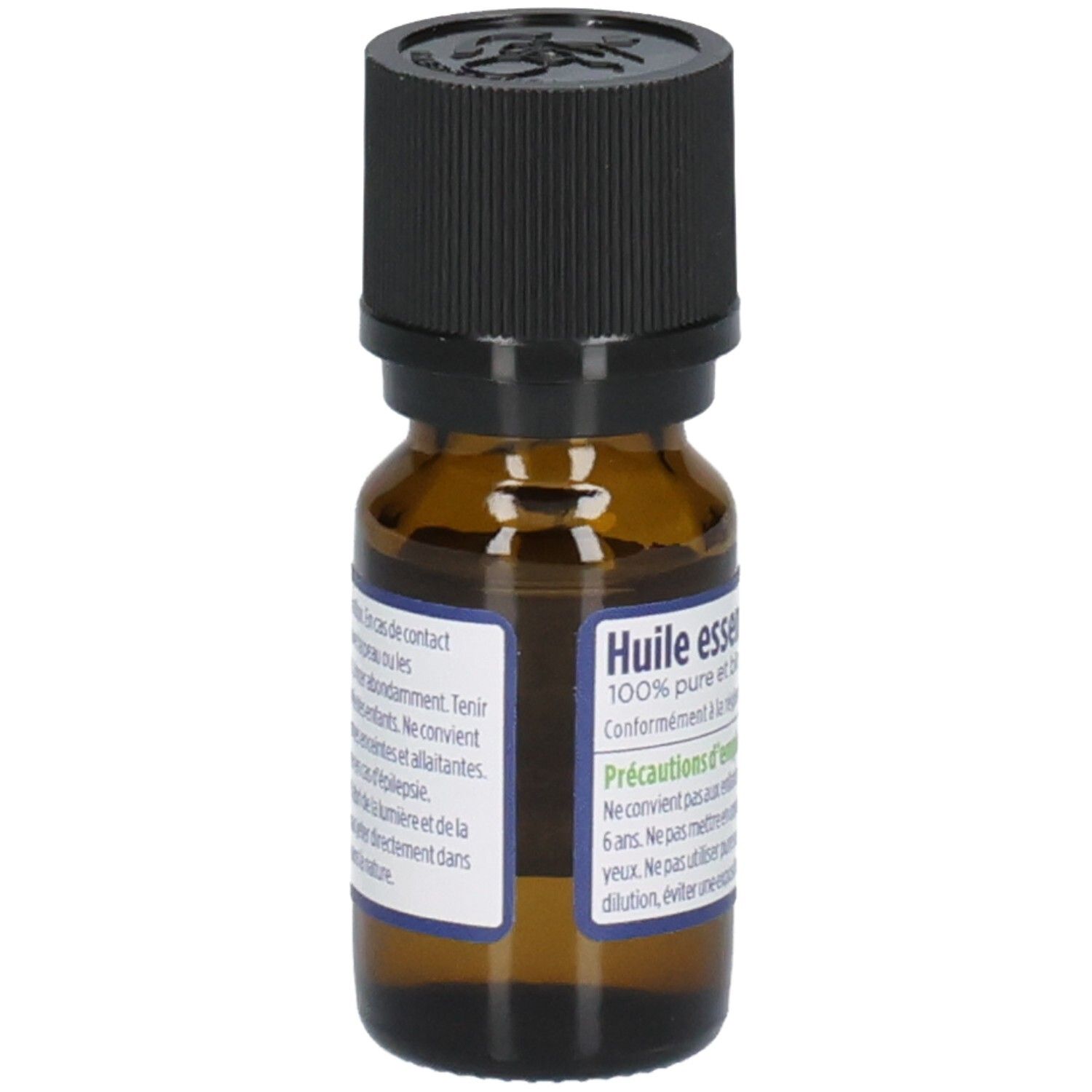 Braune Glasflasche mit schwarzem Deckel. Etikett mit Text: Huile essentielle 100% pure et biologique.