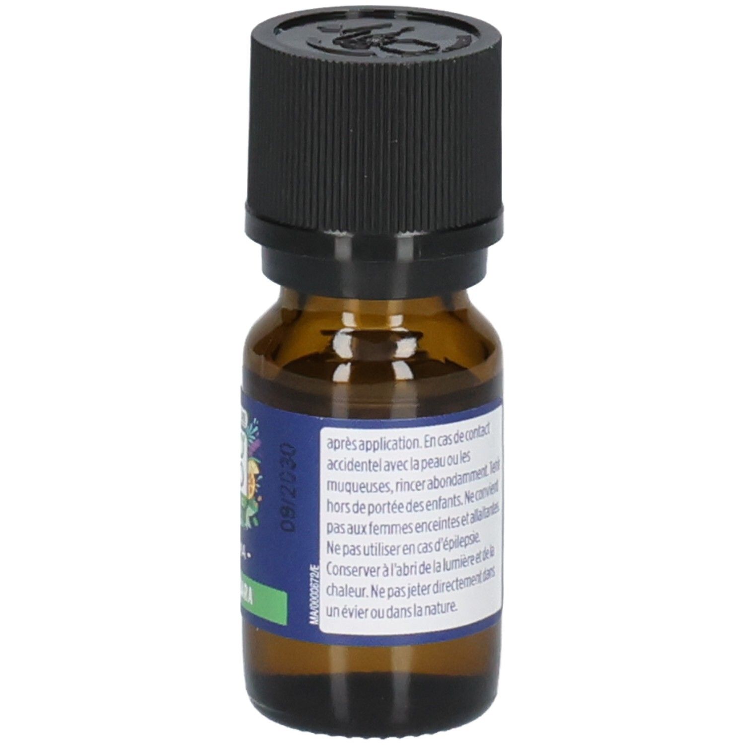 Braune Glasflasche mit schwarzem Deckel. Etikett mit Text und Datum 08/2030.
