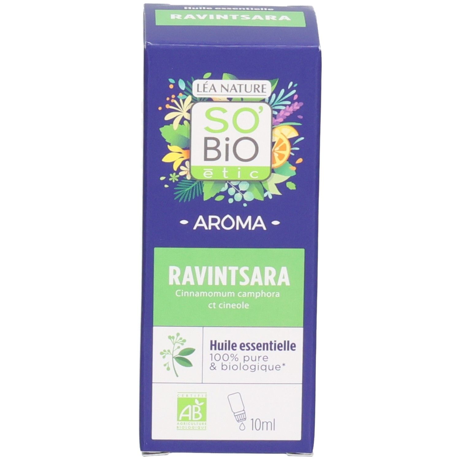 Verpackung mit Logo und Text: Ravintsara. Mit AB-Zertifizierung und 10ml-Angabe.