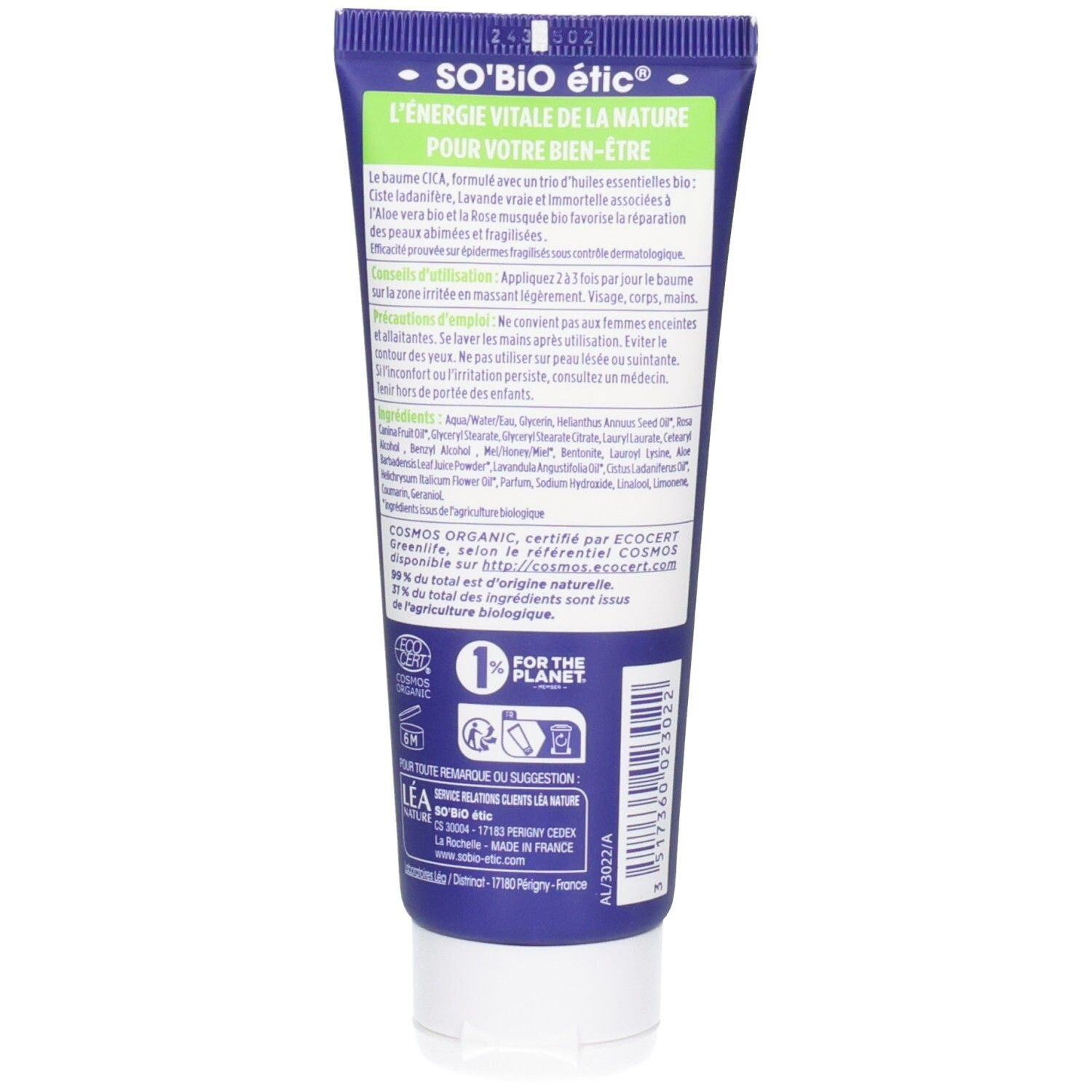 Rückseite der blauen Tube. Text: So Bio Etic. Inhaltsstoffe, Gebrauchsanweisung, Zertifizierungen. Weißer Deckel.