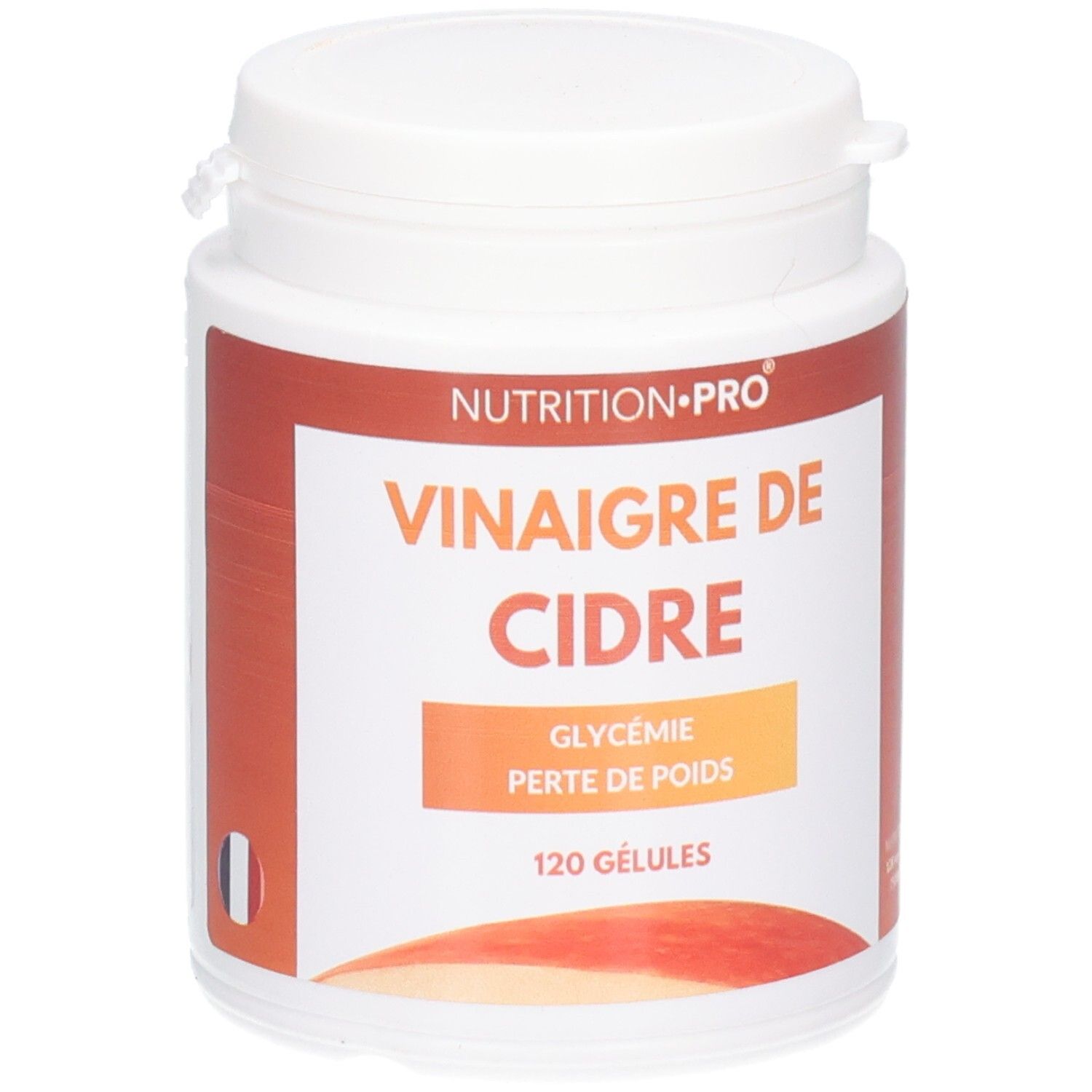 Weiße Dose mit Aufschrift 'Nutrition Pro Vinaigre de Cidre'. Enthält 120 Kapseln. Orangefarbener Aufkleber mit Produktinformationen.