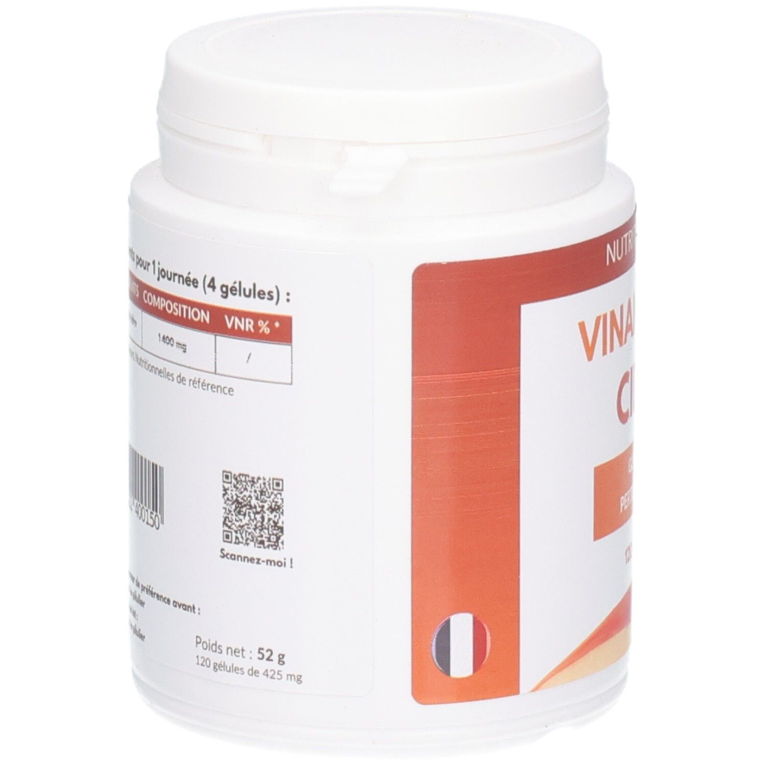 Weiße Dose, Seitenansicht. Aufkleber mit Produktinformationen, QR-Code und französischer Flagge. Gewicht: 52g, 120 Kapseln.