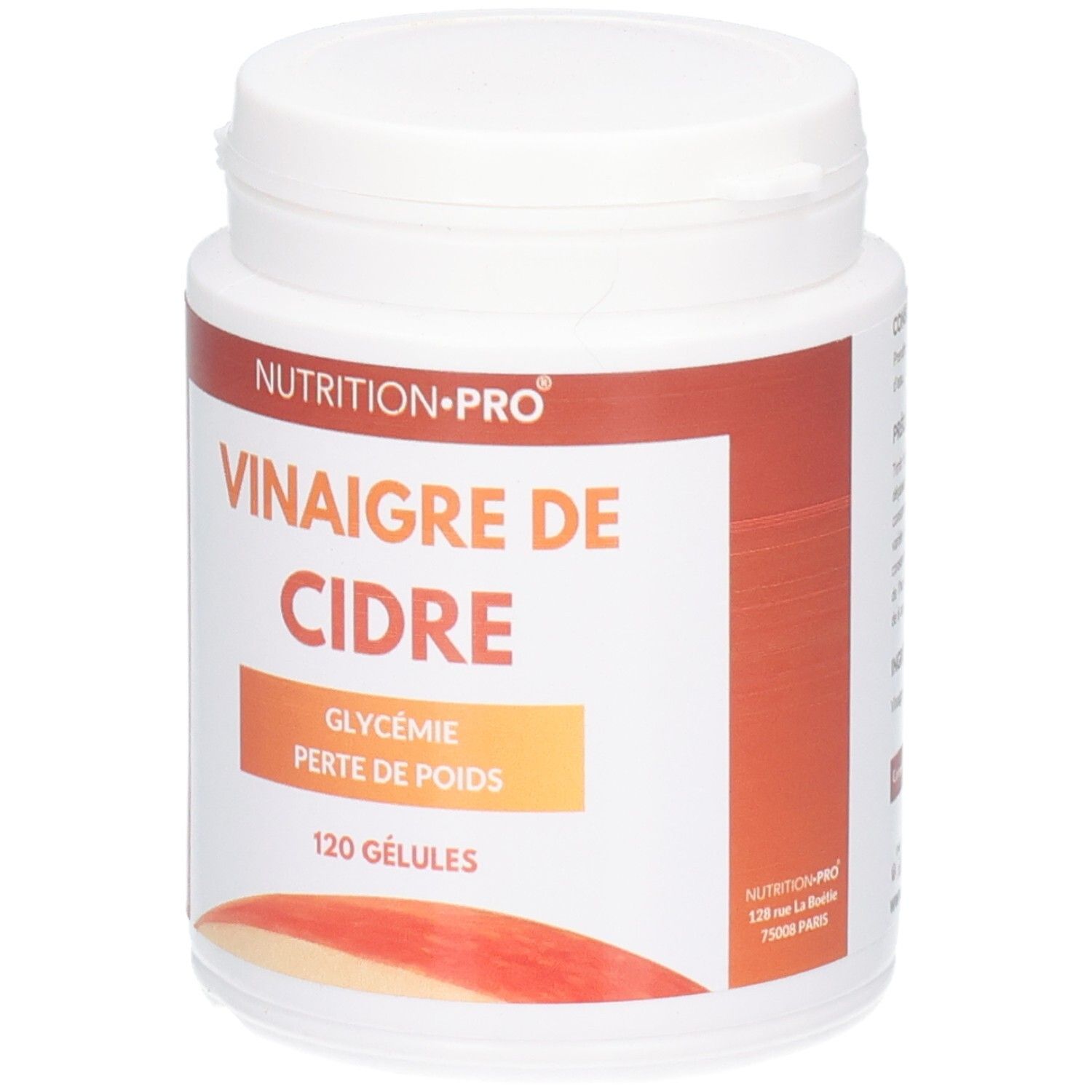 Weiße Dose mit Aufschrift 'Nutrition Pro Vinaigre de Cidre'. Enthält 120 Kapseln. Orangefarbener Aufkleber mit Produktinformationen.