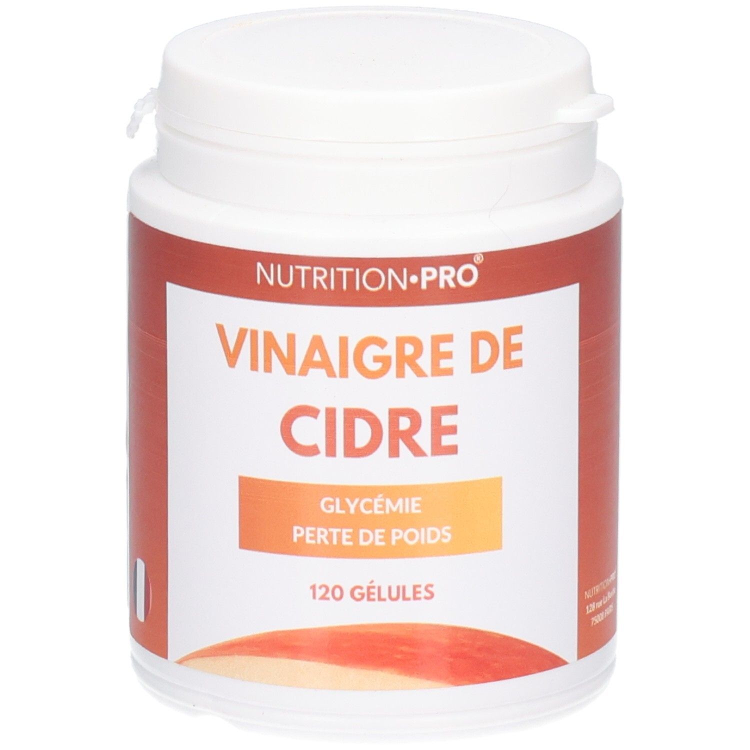 Weiße Dose mit Aufschrift 'Nutrition Pro Vinaigre de Cidre'. Enthält 120 Kapseln. Orangefarbener Aufkleber mit Produktinformationen.
