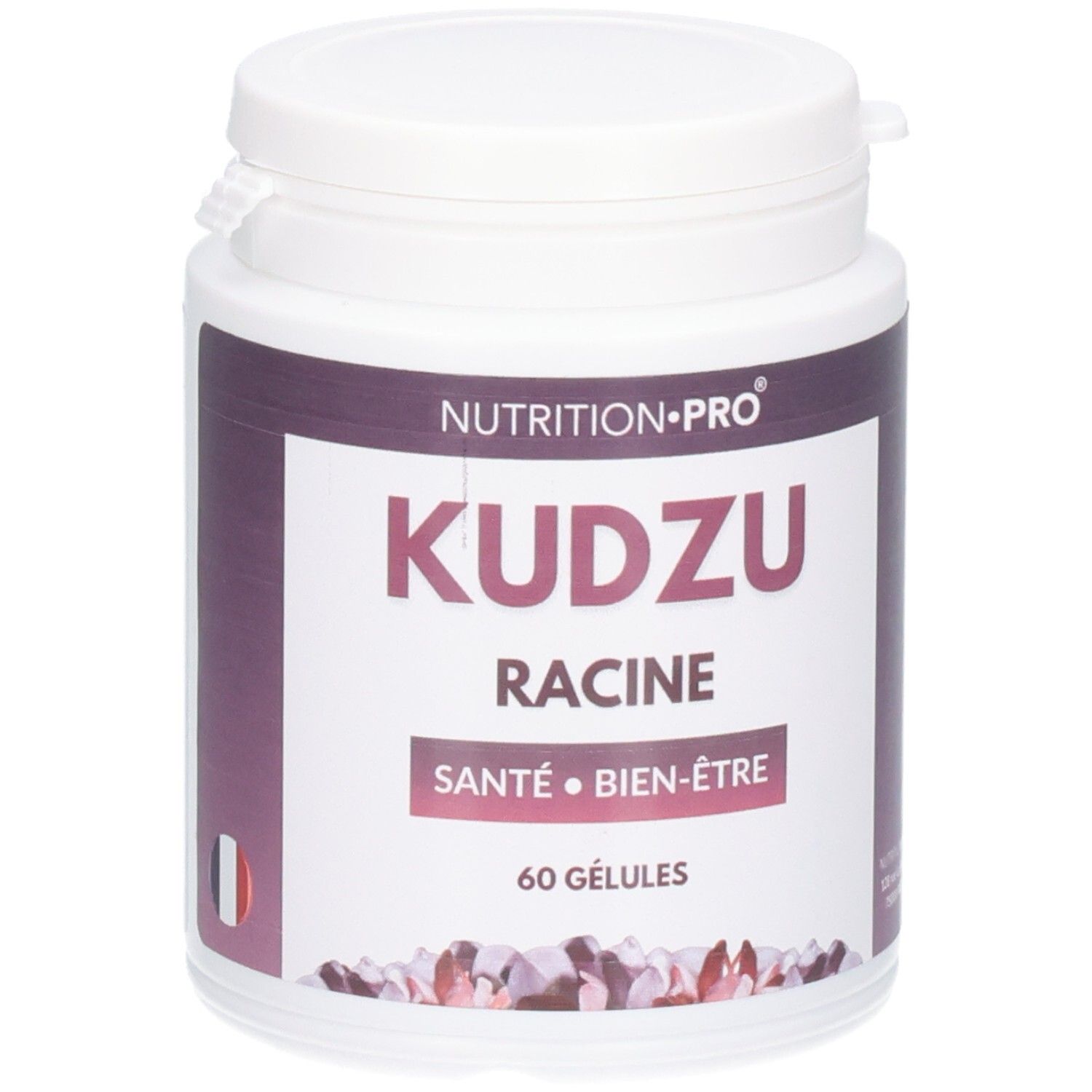 Weißes Supplement-Behälter mit lila Etikett. Aufschrift: KUDZU RACINE, SANTE BIEN-ÊTRE, 60 GÉLULES. Marke: NUTRITION-PRO.