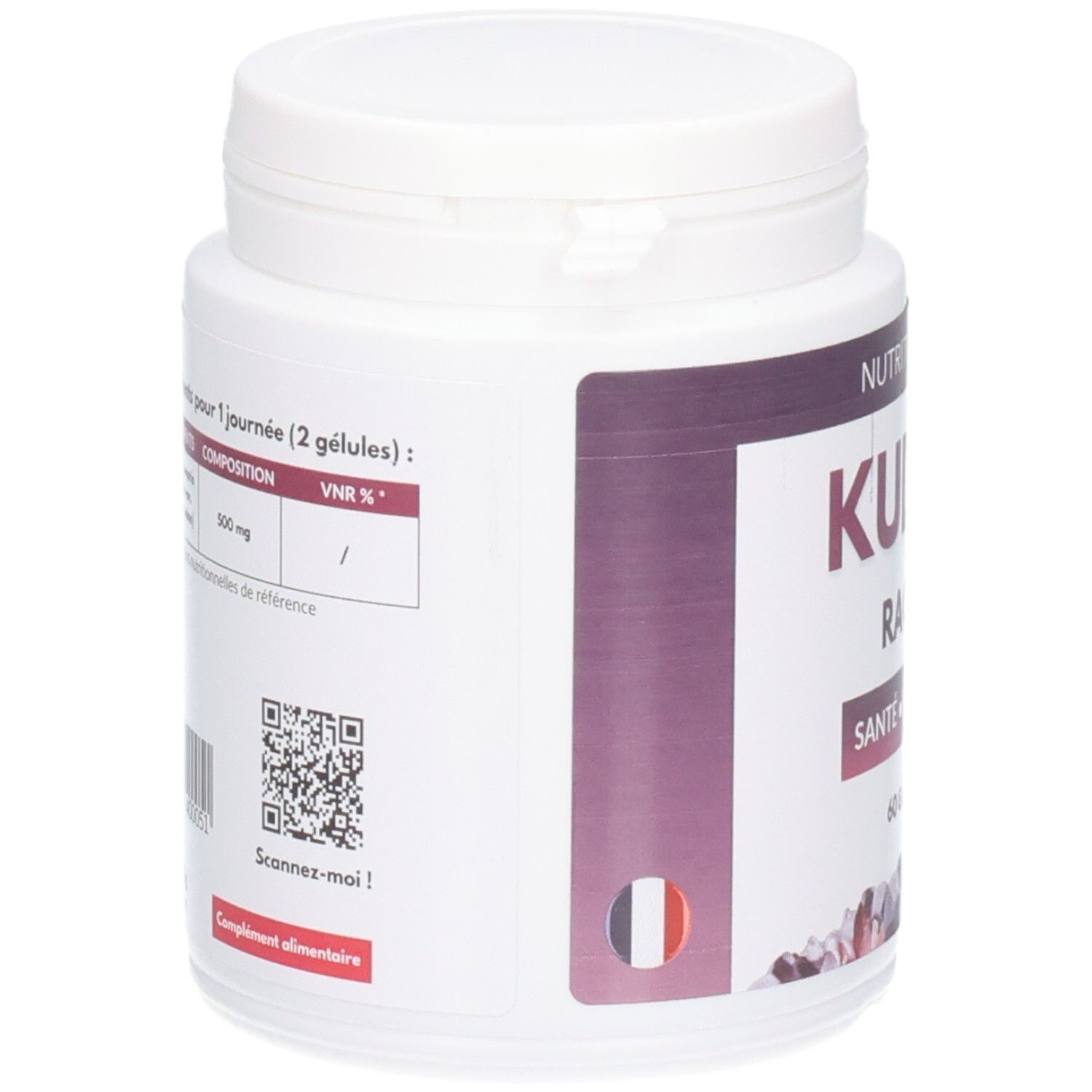 Weißer Supplement-Behälter mit lila Etikett. Aufschrift: KUDZU RACINE, SANTE BIEN-ÊTRE, 60 GÉLULES. QR-Code und französische Flagge.