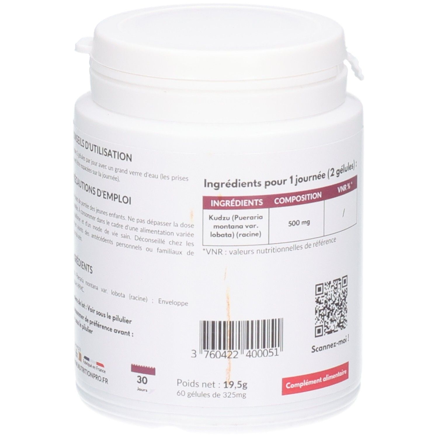 Weißer Supplement-Behälter mit lila Etikett. Aufschrift: KUDZU RACINE, SANTE BIEN-ÊTRE, 60 GÉLULES. Zutatenliste und QR-Code.