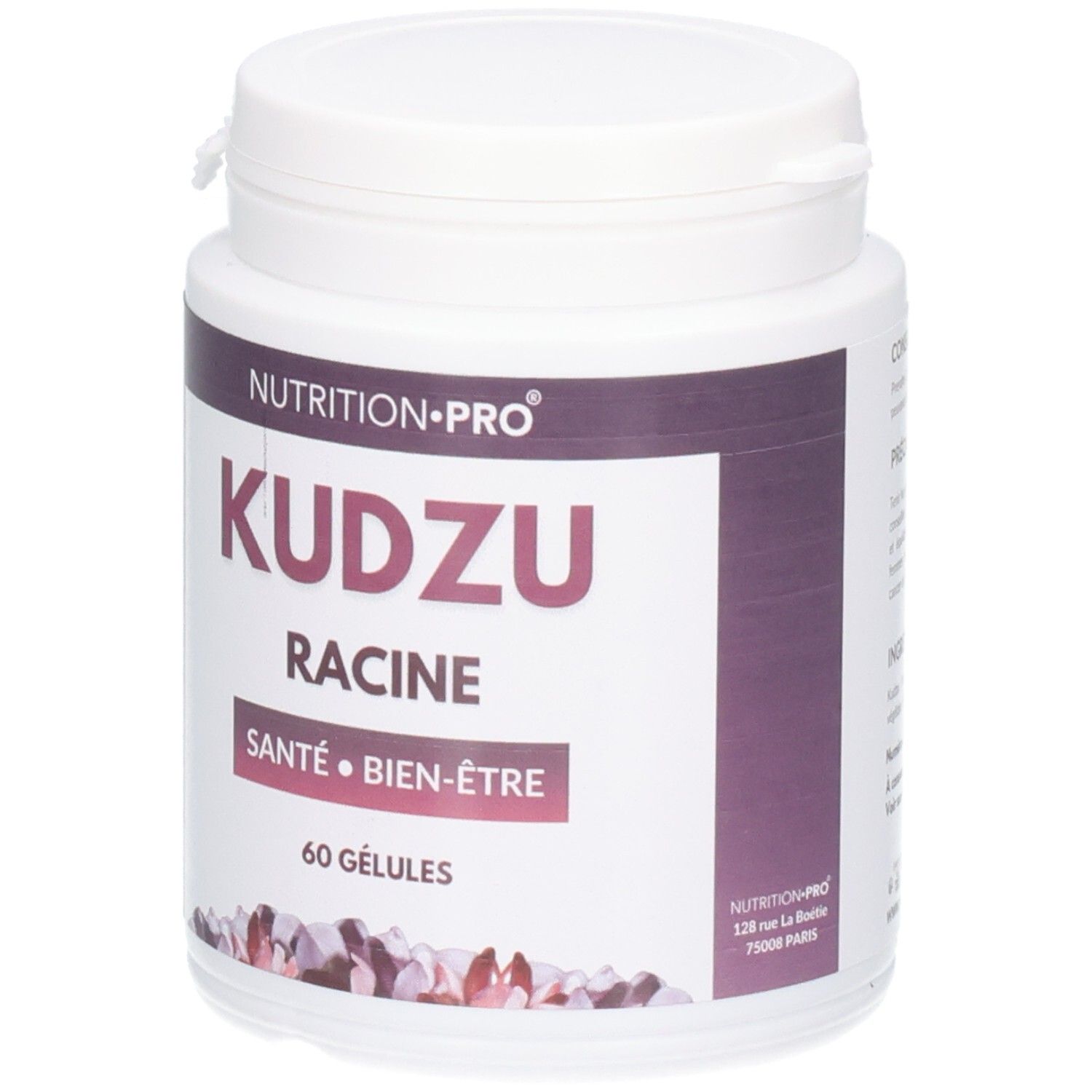 Weißer Supplement-Behälter mit lila Etikett. Aufschrift: KUDZU RACINE, SANTE BIEN-ÊTRE, 60 GÉLULES. Marke: NUTRITION-PRO.