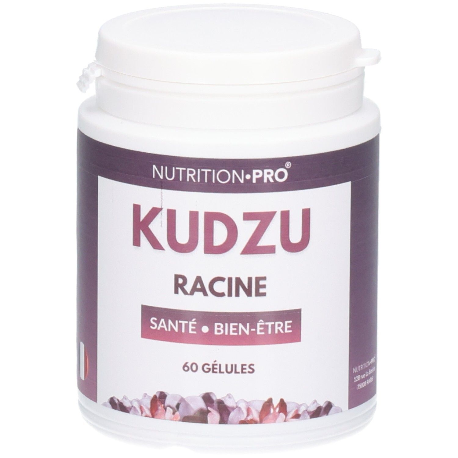 Weißer Supplement-Behälter mit lila Etikett. Aufschrift: KUDZU RACINE, SANTE BIEN-ÊTRE, 60 GÉLULES. Marke: NUTRITION-PRO.