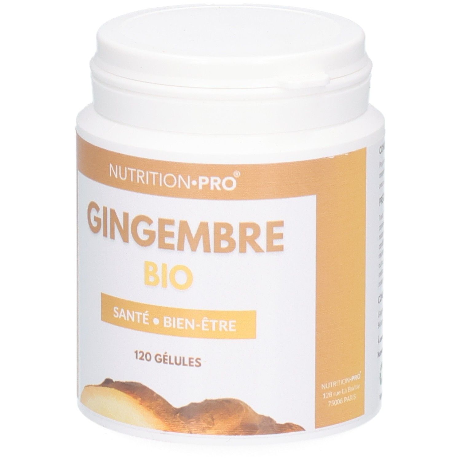Weißer Behälter mit Deckel. Aufschrift: GINGEMBRE BIO, SANTE BIEN-ÊTRE, 120 GÉLULES. Produktabbildung.