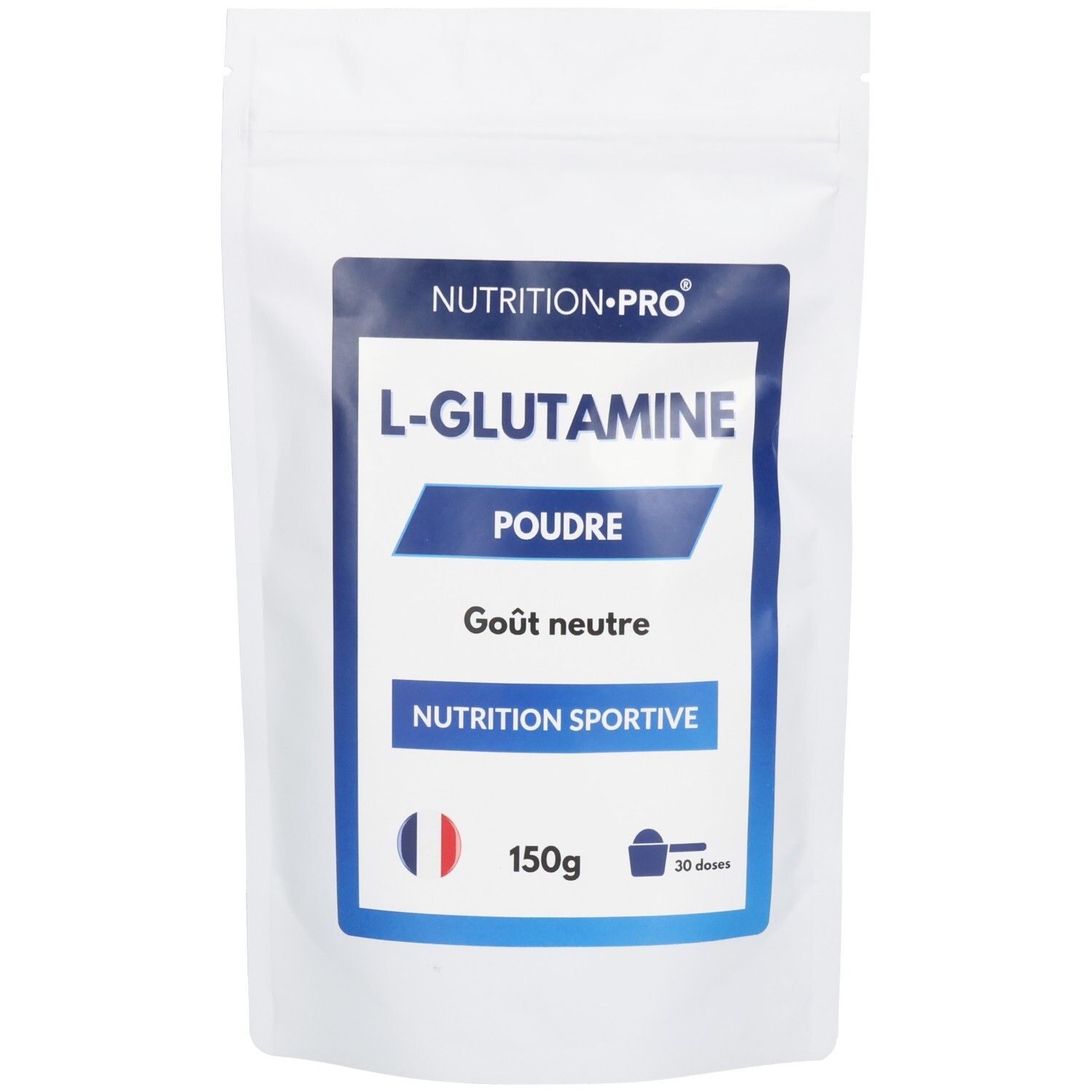 Weißer Beutel mit blauem Etikett. Aufschrift: L-GLUTAMINE, POUDRE, Goût neutre, 150g. Marke: NUTRITION-PRO. Französische Flagge.