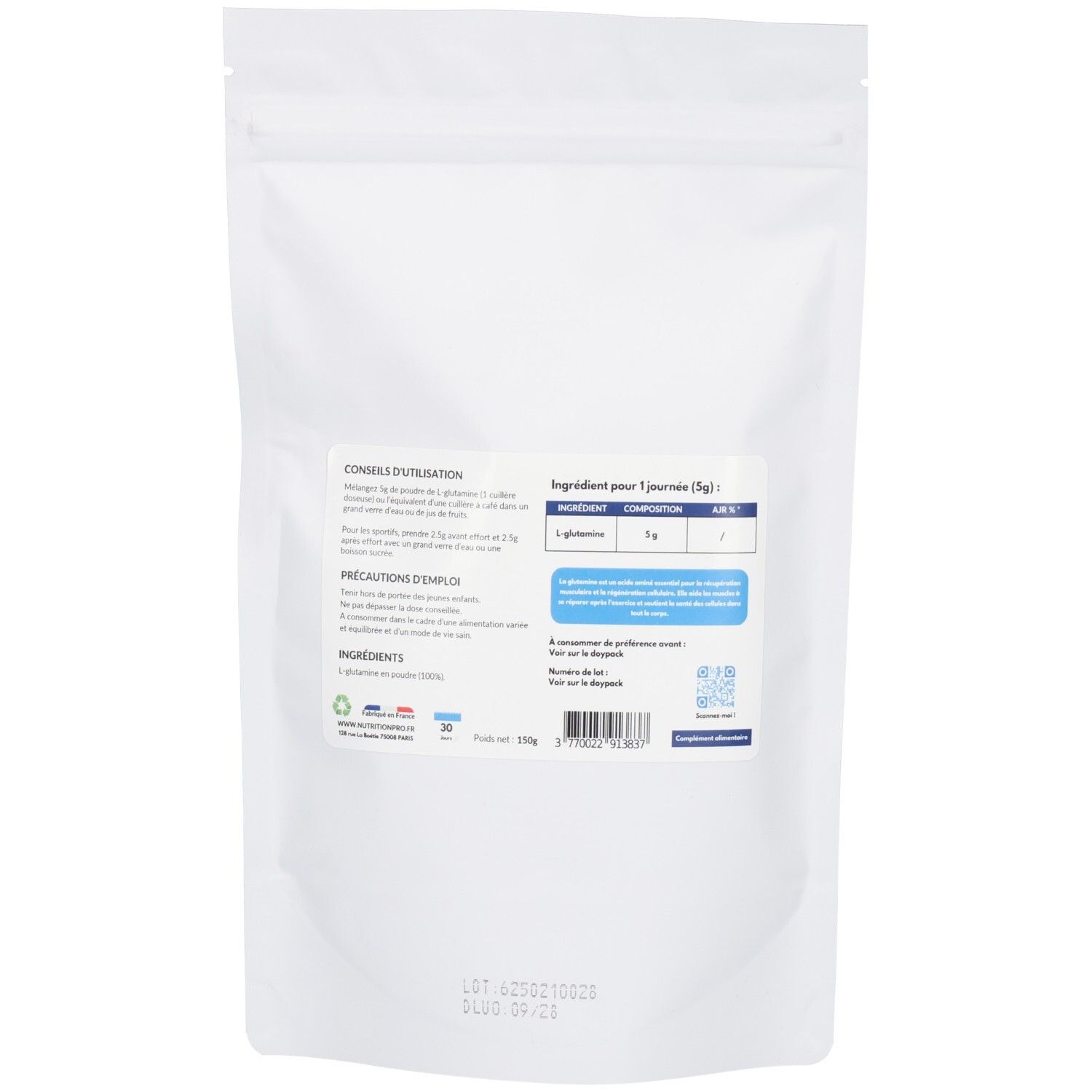 Rückseite des weißen Beutels. Text: CONSEILS D'UTILISATION, INGREDIENTS, Zusammensetzung, 1 g L-Glutamine. Französische Flagge. Recycling-Symbole.