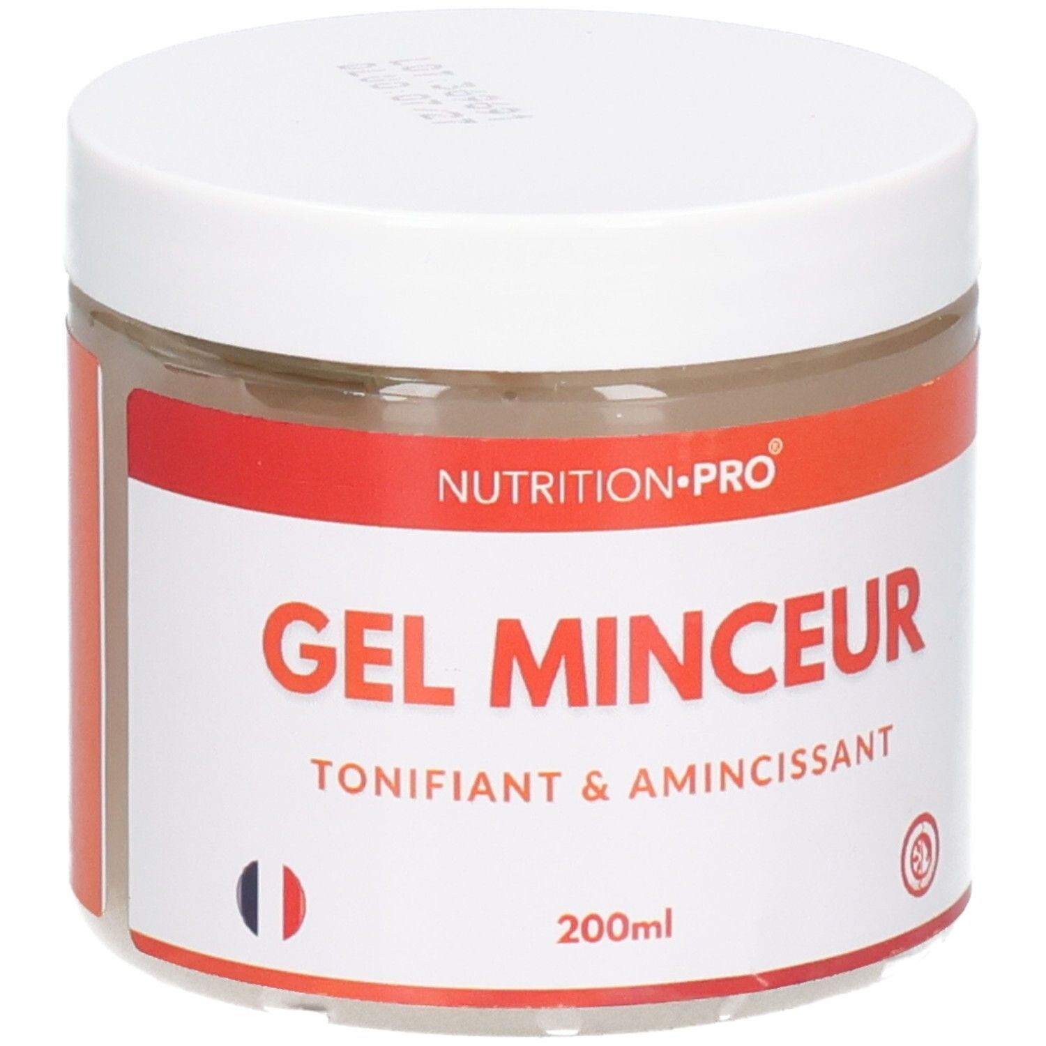 Weißes Tiegel mit rotem und weißem Etikett. Aufschrift: Nutrition-Pro Gel Minceur, Tonifiant & Amincissant. Französische Flagge.