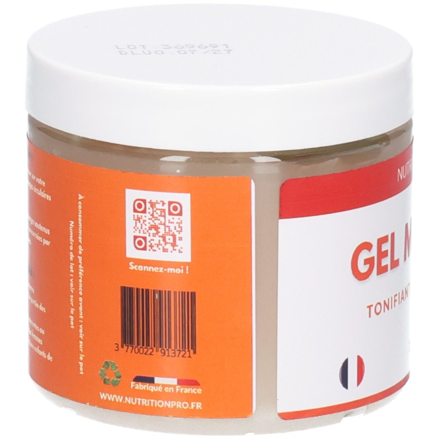 Rückseite des weißen Tiegels mit orangefarbenem Etikett. QR-Code und Barcode. Text: Fabriqué en France. Website-Adresse.