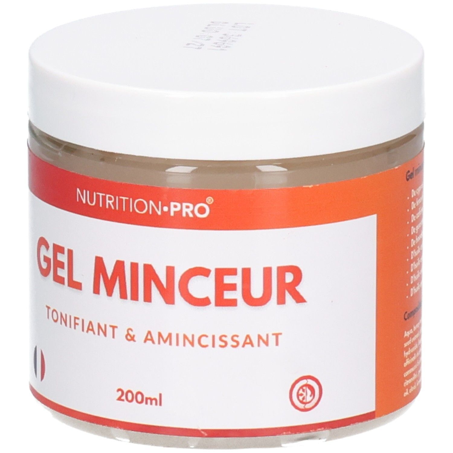 Weißer Tiegel mit rotem und weißem Etikett. Aufschrift: Nutrition-Pro Gel Minceur, Tonifiant & Amincissant. Französische Flagge.
