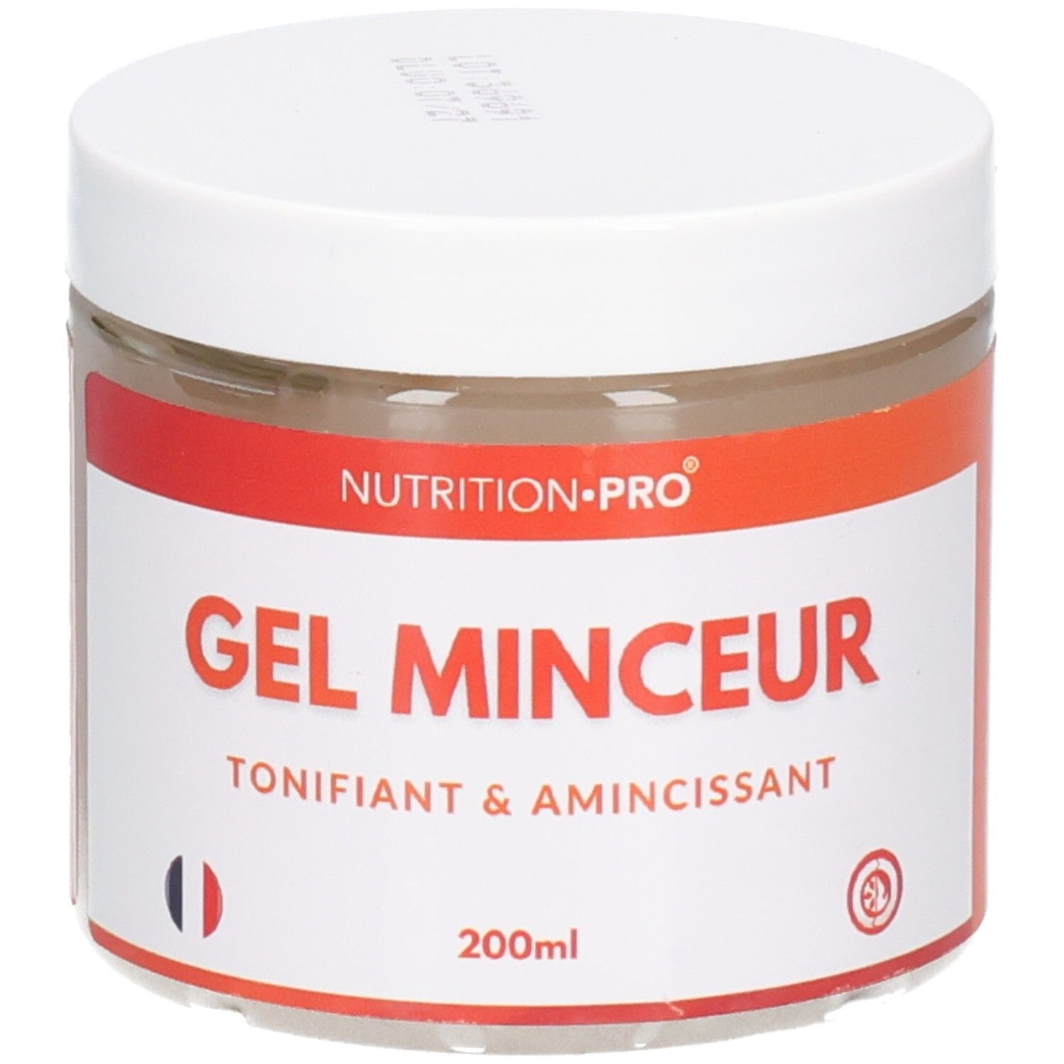 Weißer Tiegel mit rotem und weißem Etikett. Aufschrift: Nutrition-Pro Gel Minceur, Tonifiant & Amincissant. Französische Flagge.