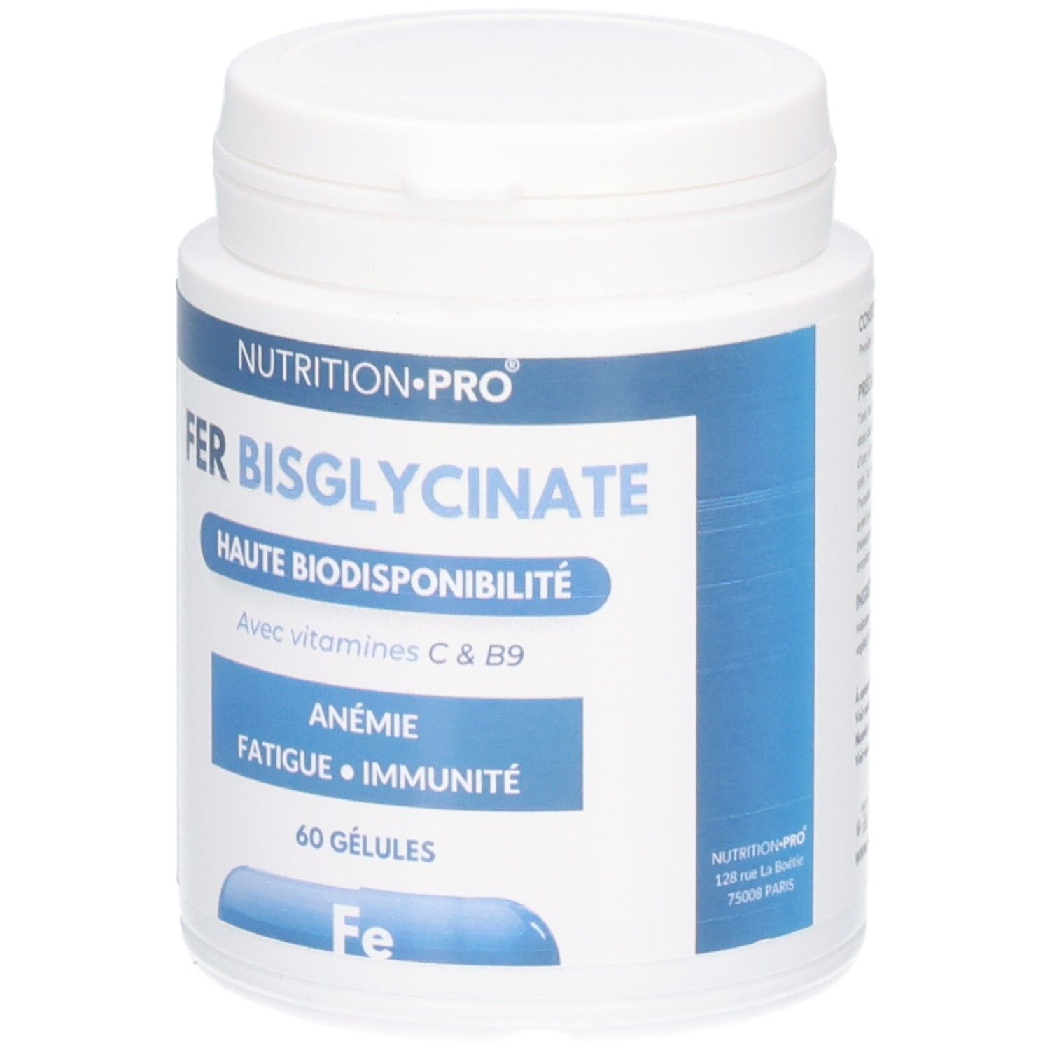 Weiße Dose mit blauem Etikett. Aufschrift: FER BISGLYCINATE, 60 GÉLULES. Enthält Vitamin C & B9. Französische Flagge.