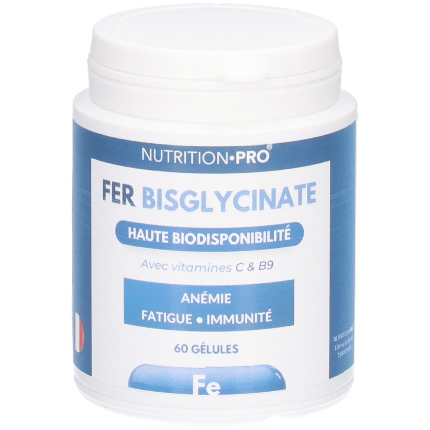 Weiße Dose mit blauem Etikett. Aufschrift: FER BISGLYCINATE, 60 GÉLULES. Enthält Vitamin C & B9. Französische Flagge.