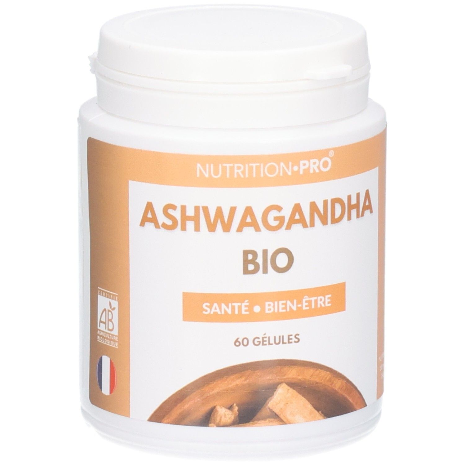 Nutrition Pro Ashwagandha Bio Kapseldose mit 60 Kapseln. Bio-Siegel und französische Flagge sichtbar.