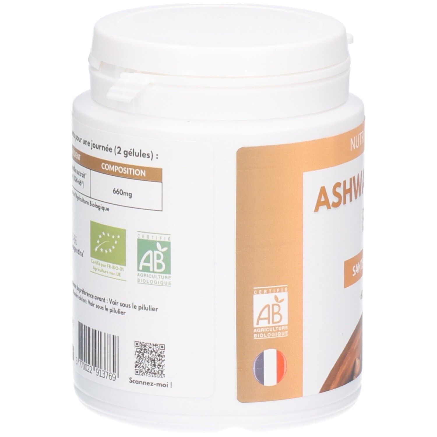Rückseite einer Nutrition Pro Ashwagandha Bio Dose. Bio-Siegel und französische Flagge sichtbar.