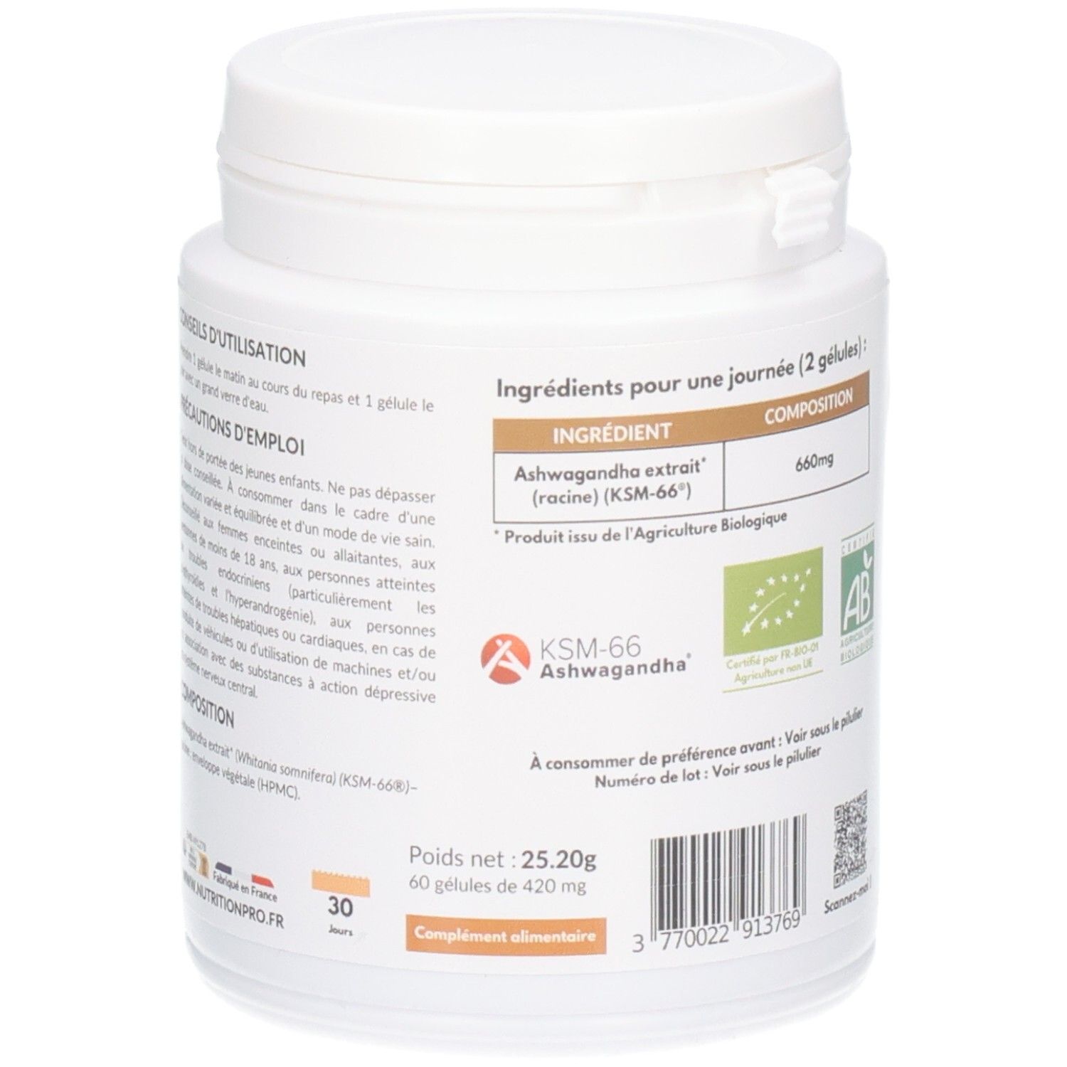 Rückseite einer Nutrition Pro Ashwagandha Bio Dose mit Inhaltsangaben und Bio-Siegeln.