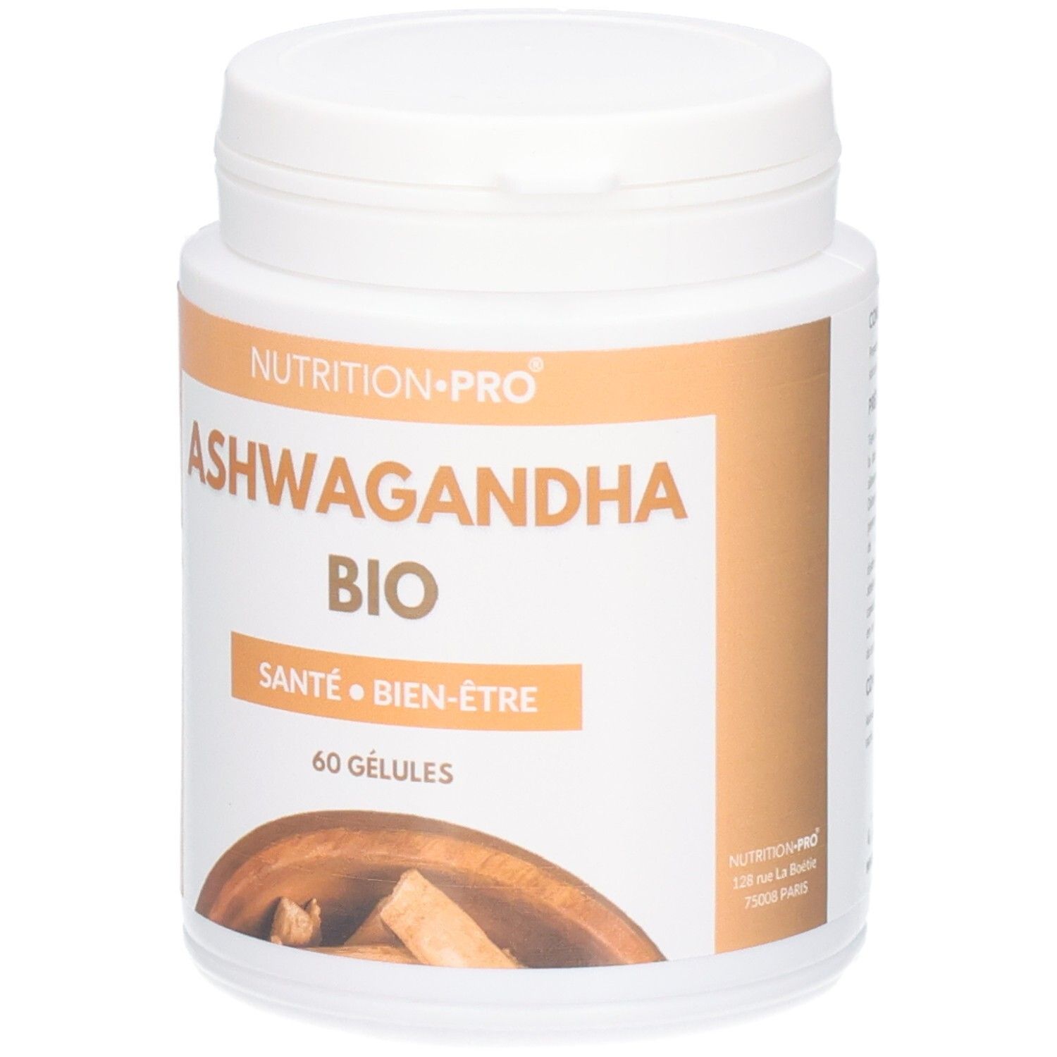 Nutrition Pro Ashwagandha Bio Kapseldose mit 60 Kapseln. Bio-Siegel und französische Flagge sichtbar.