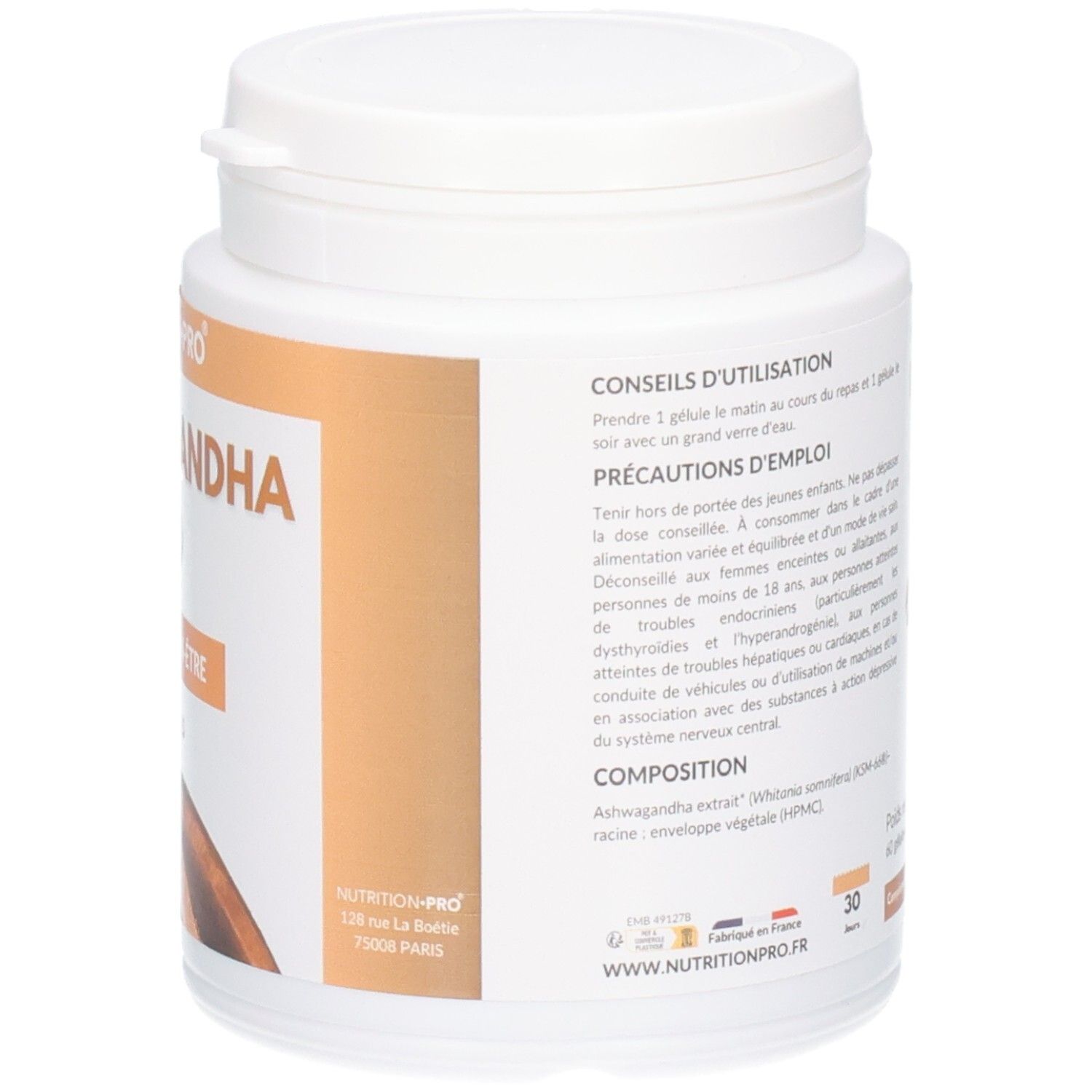 Seite einer Nutrition Pro Ashwagandha Bio Dose mit Anwendungshinweisen und Bio-Siegeln.