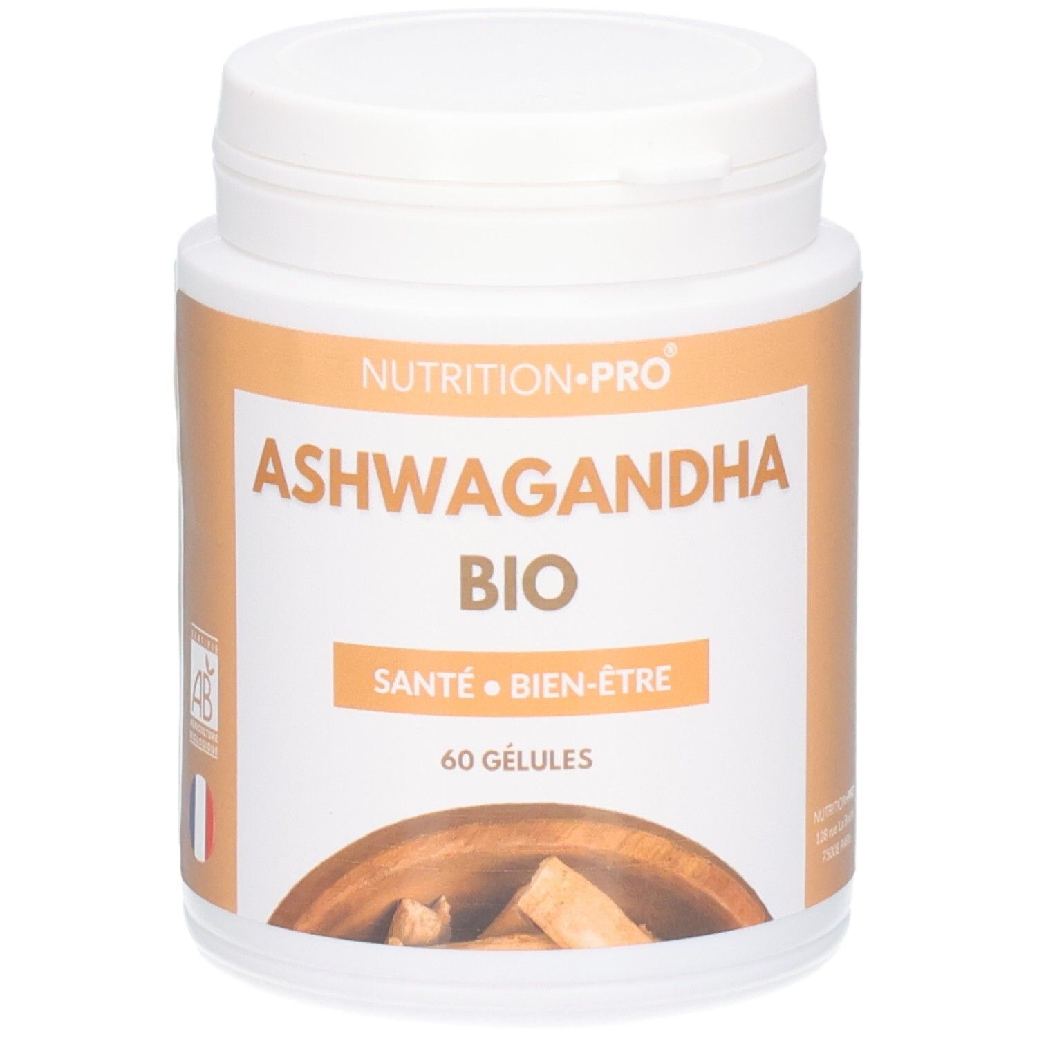 Nutrition Pro Ashwagandha Bio Kapseldose mit 60 Kapseln. Bio-Siegel und französische Flagge sichtbar.