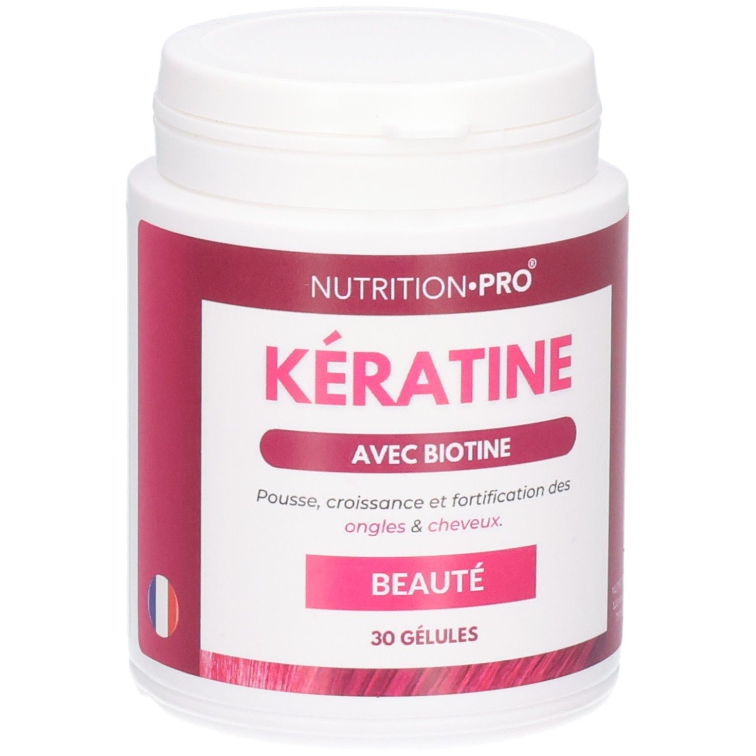 Flacon blanc avec étiquette rouge. Inscription: Kératine, Avec Biotine, 30 Gélules. Drapeau français.