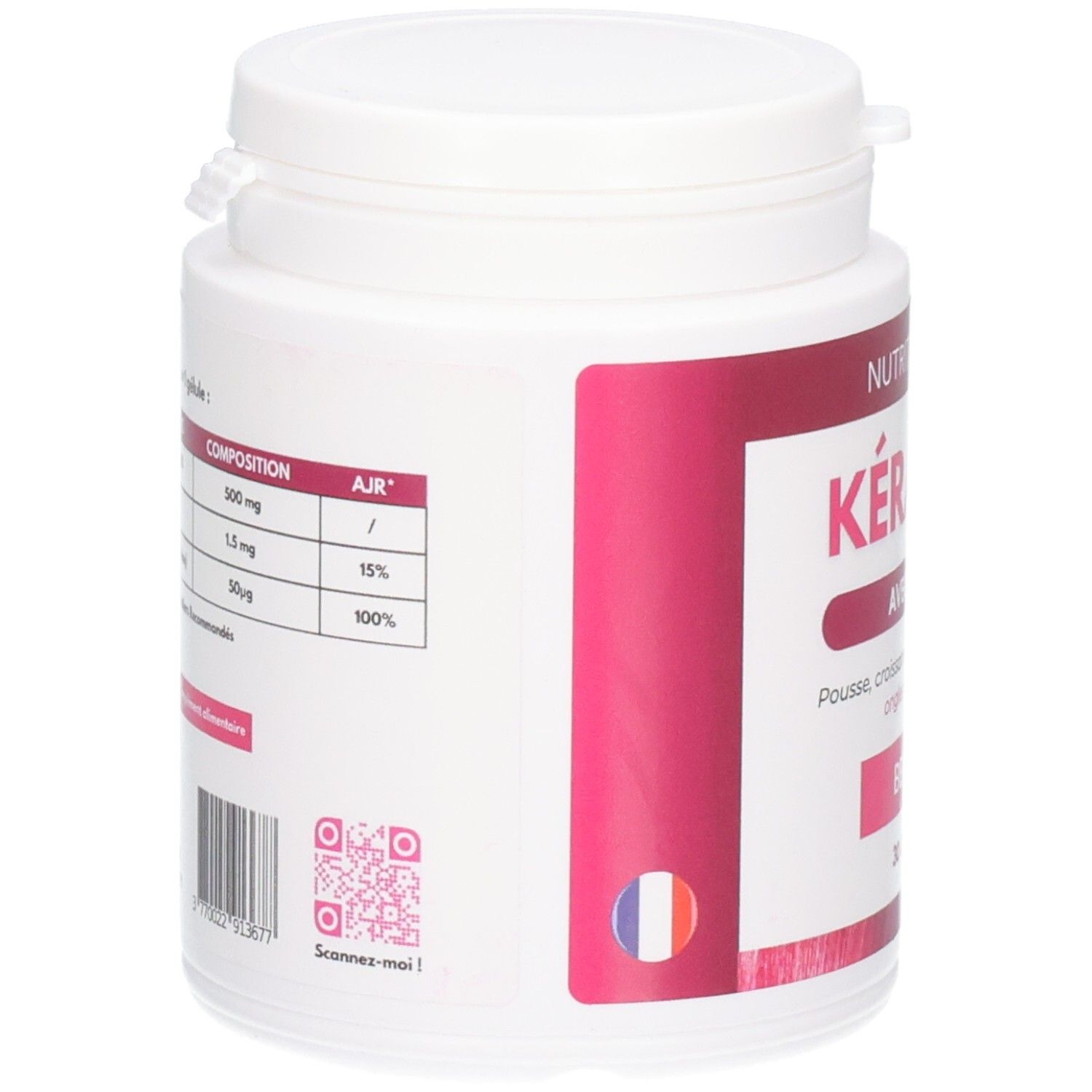 Flacon blanc, étiquette rouge avec composition. Code QR et drapeau français. Inscription: Kératine.