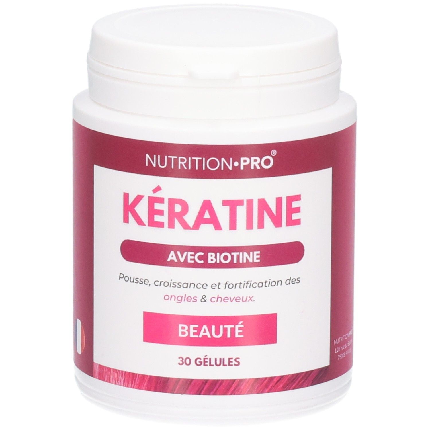 Flacon blanc avec étiquette rouge. Inscription: Kératine, Avec Biotine, 30 Gélules. Drapeau français.