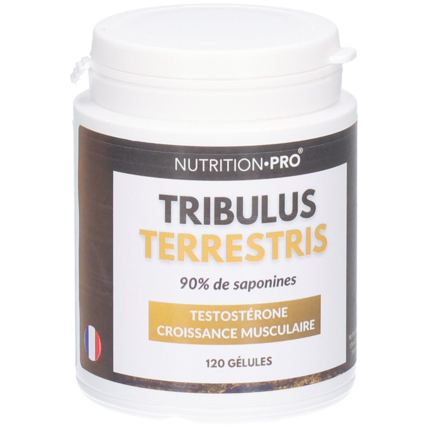 Weiße Dose mit Nutrition Pro Tribulus Terrestris. Goldener Schriftzug, französisches Logo. 120 Kapseln.
