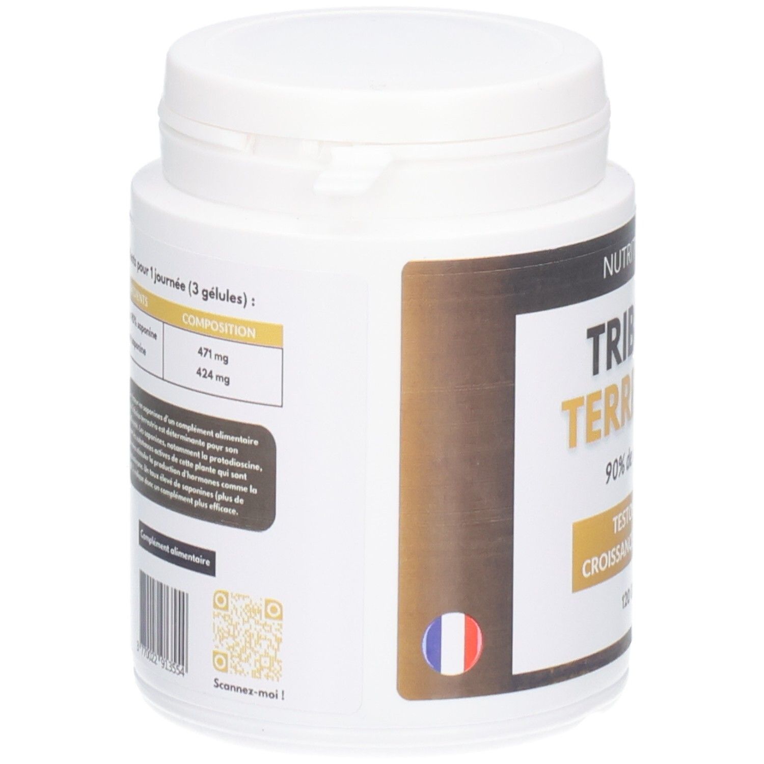 Weiße Dose, Seitenansicht. Nutrition Pro Tribulus Terrestris. Französisches Logo. Zutatenliste und QR-Code.