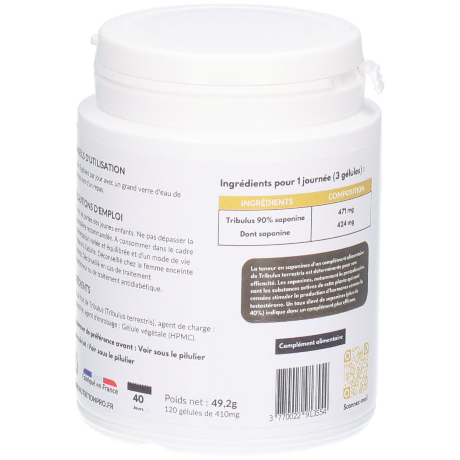 Weiße Dose, Rückseite. Nutrition Pro Tribulus Terrestris. Zutatenliste, französisches Logo, QR-Code.