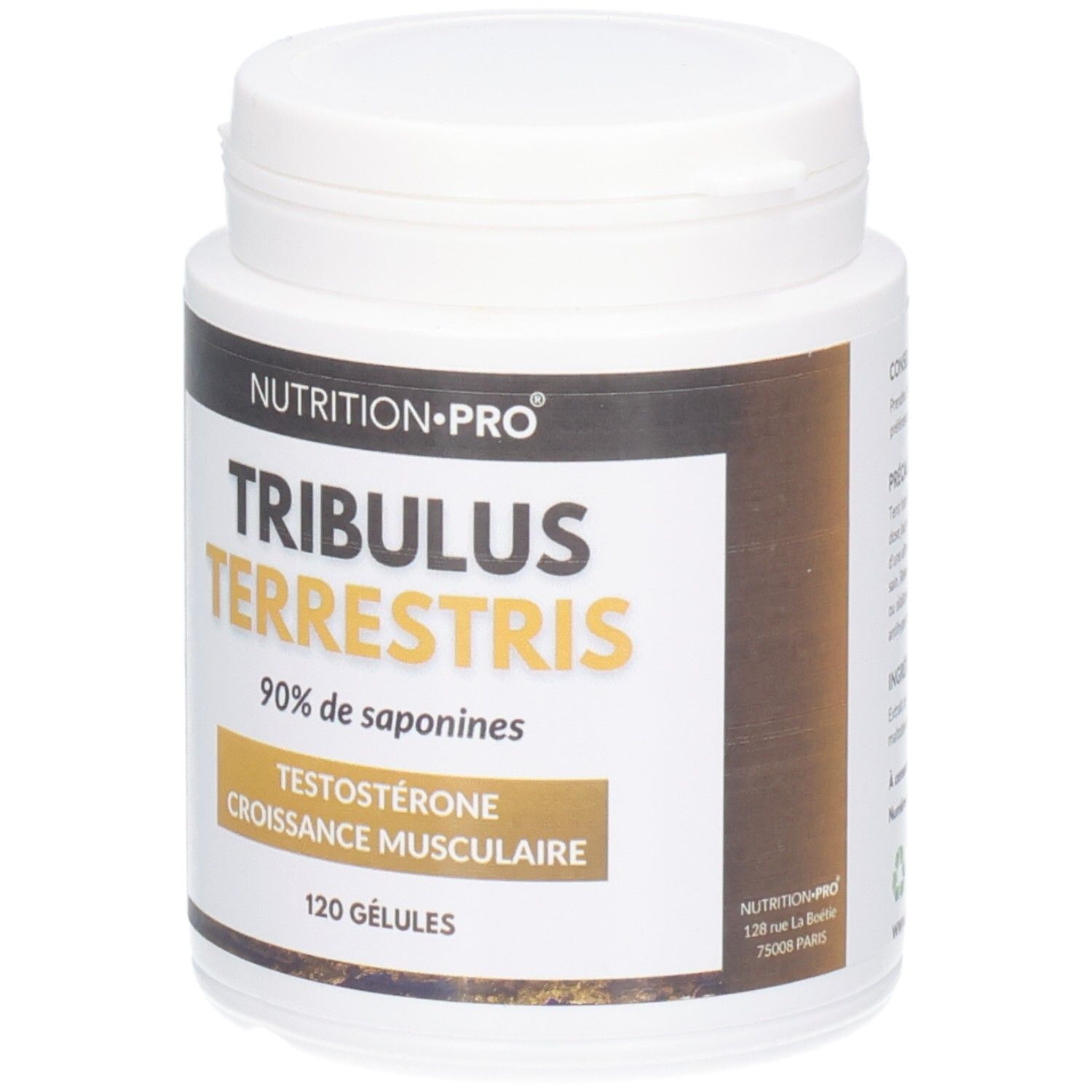Weiße Dose Nutrition Pro Tribulus Terrestris. Goldener Schriftzug, französisches Logo. 120 Kapseln.