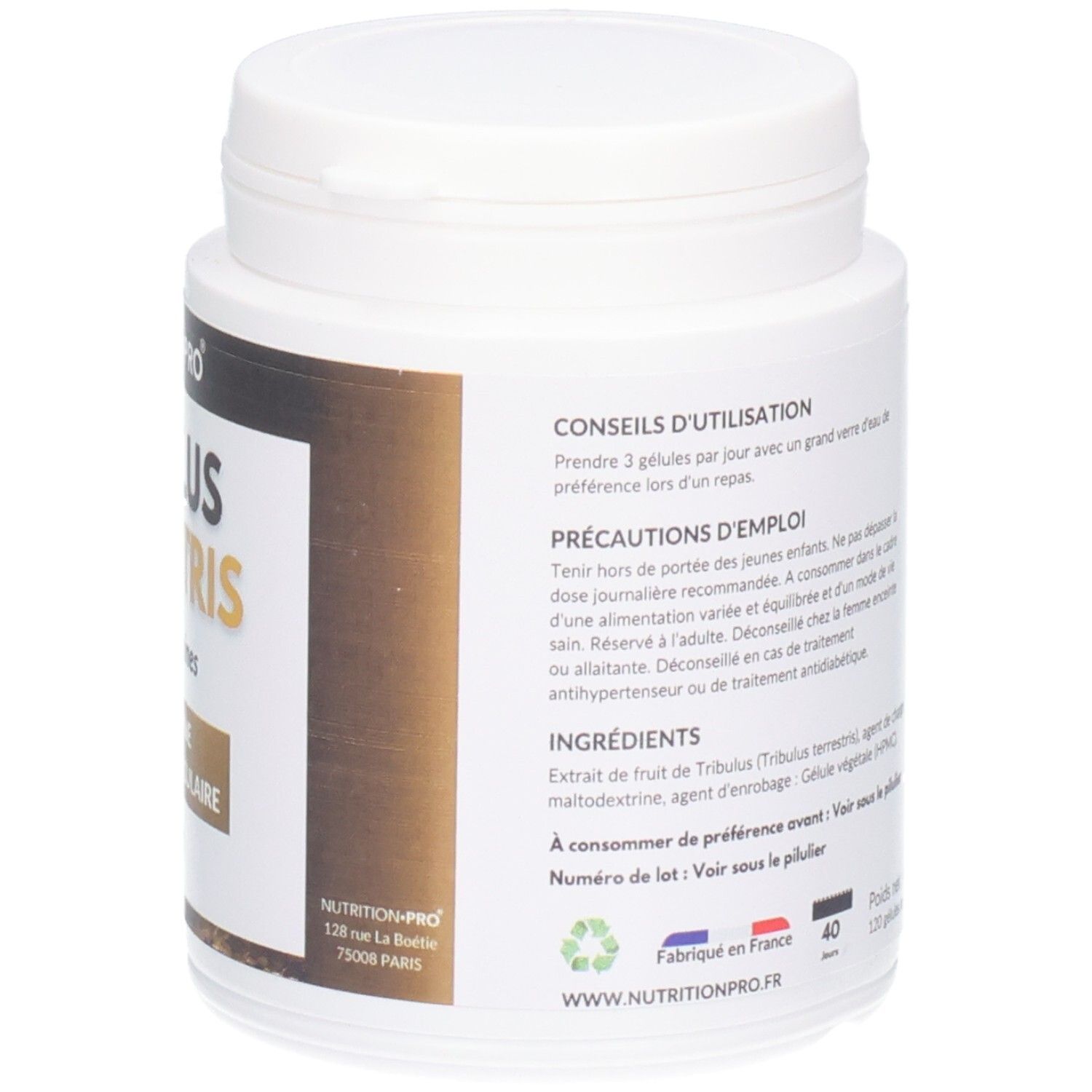 Weiße Dose, Rückseite. Nutrition Pro Tribulus Terrestris. Französisches Logo, Adressinformationen.