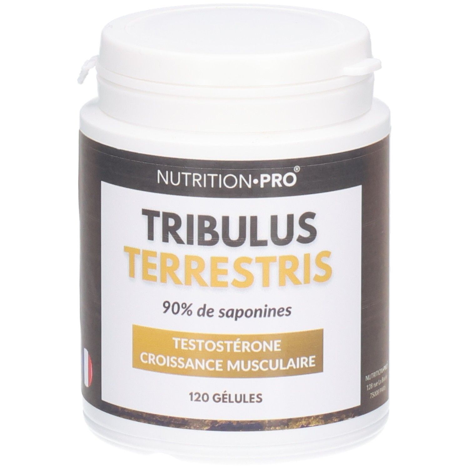Weiße Dose Nutrition Pro Tribulus Terrestris. Goldener Schriftzug, französisches Logo. 120 Kapseln.