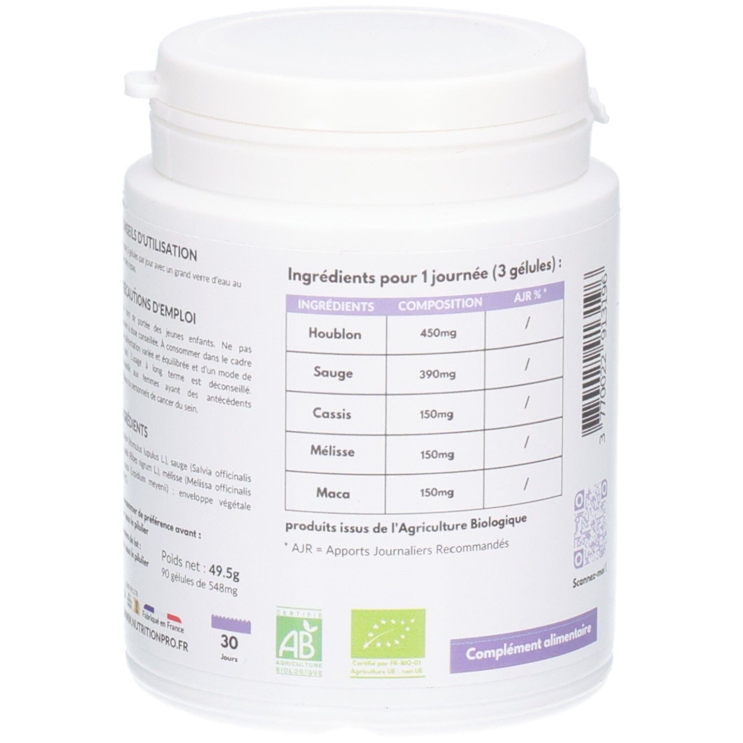 Rückseite des weißen Nahrungsergänzungsmittel-Behälters. Text: Inhaltsstoffe, Hopfen, Salbei, Johannisbeere, Melisse, Maca. AB-Siegel, Bio-Siegel.