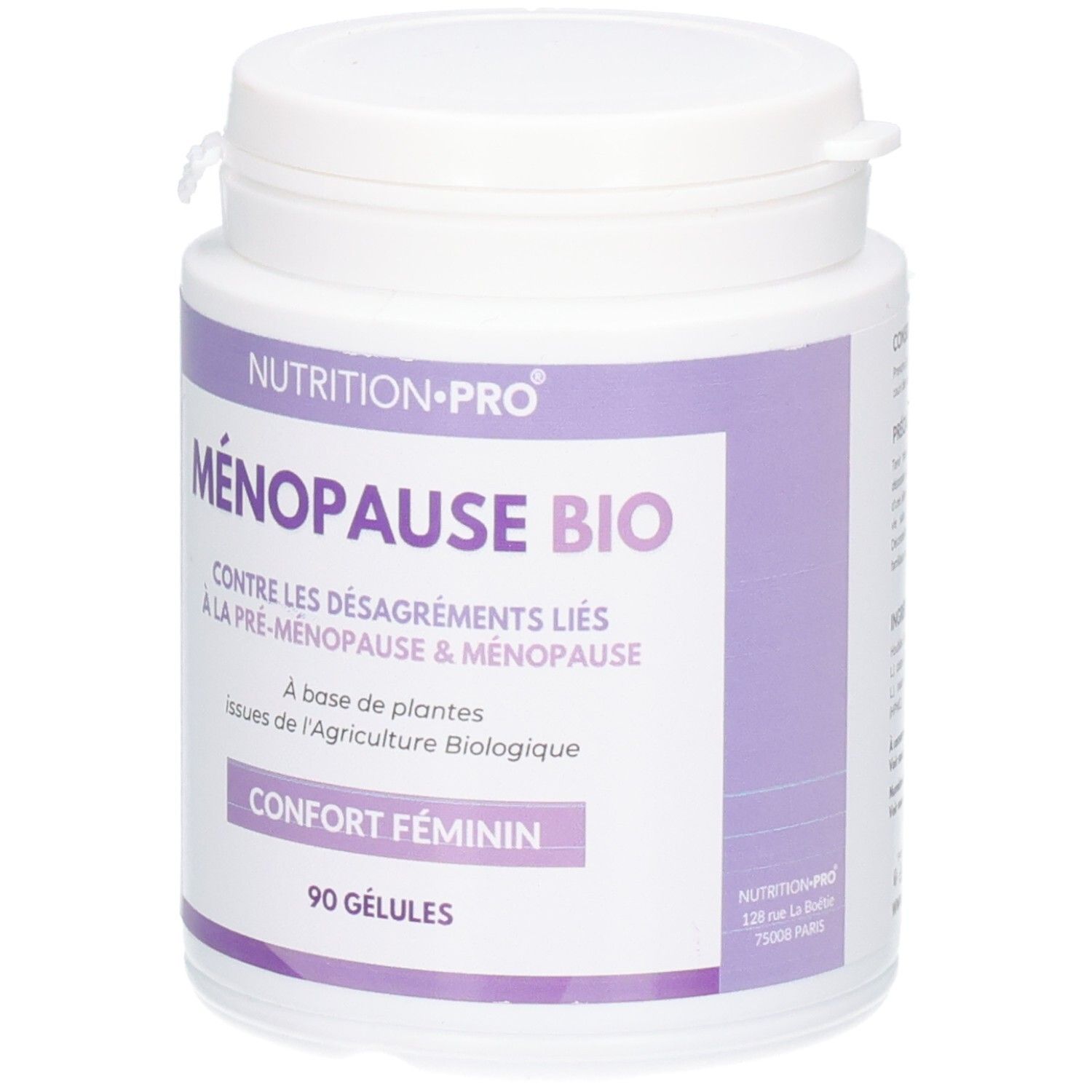 Weißes Nahrungsergänzungsmittel-Behälter mit lila Etikett. Text: MÉNOPAUSE BIO, CONFORT FÉMININ, 90 GÉLULES. Nutrition-Pro.