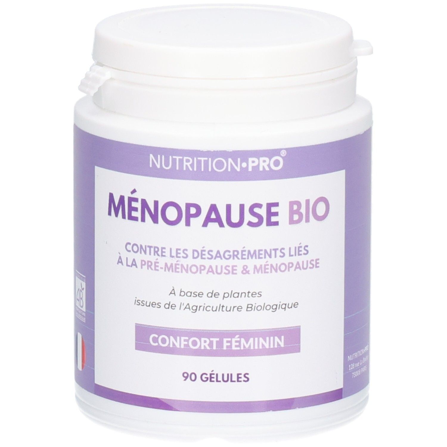 Weißes Nahrungsergänzungsmittel-Behälter mit lila Etikett. Text: MÉNOPAUSE BIO, CONFORT FÉMININ, 90 GÉLULES. Nutrition-Pro.