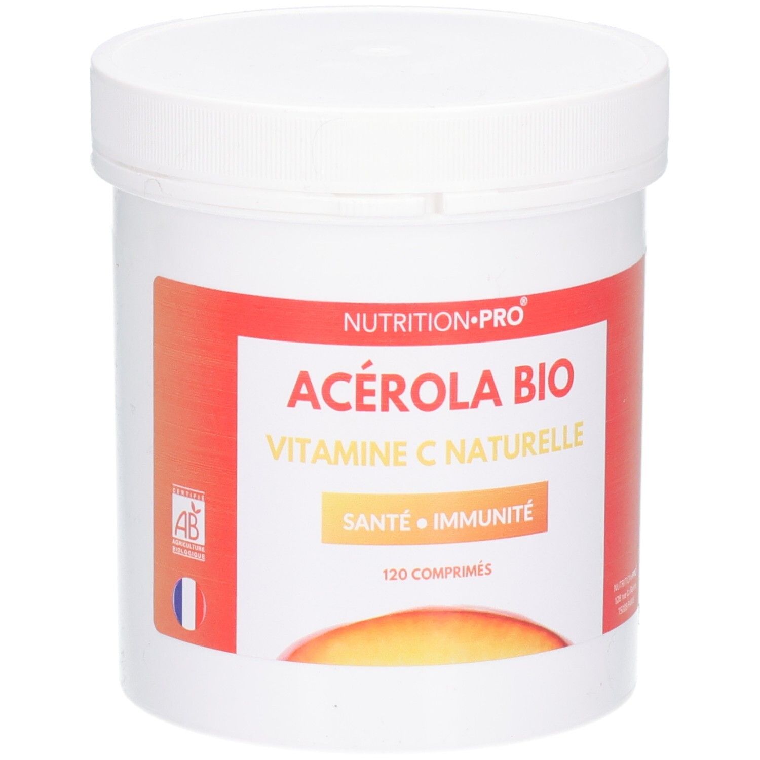 Weißer Behälter mit Deckel. Aufkleber mit Text: ACÉROLA BIO, VITAMINE C NATURELLE, SANTE • IMMUNITÉ, 120 COMPRIMÉS. AB-Logo.