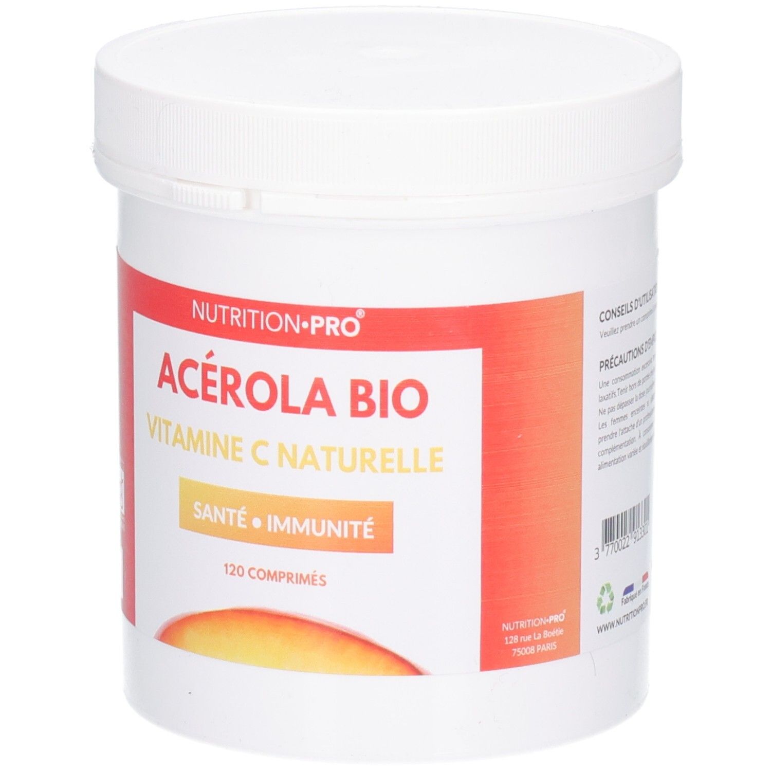 Weißer Behälter mit Deckel. Aufkleber mit Text: ACÉROLA BIO, VITAMINE C NATURELLE, SANTE • IMMUNITÉ, 120 COMPRIMÉS. AB-Logo.