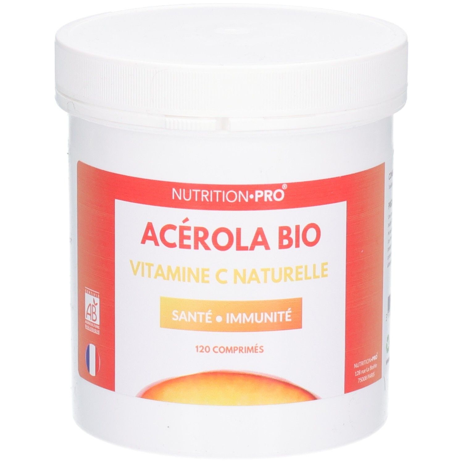 Weißer Behälter mit Deckel. Aufkleber mit Text: ACÉROLA BIO, VITAMINE C NATURELLE, SANTE • IMMUNITÉ, 120 COMPRIMÉS. AB-Logo.