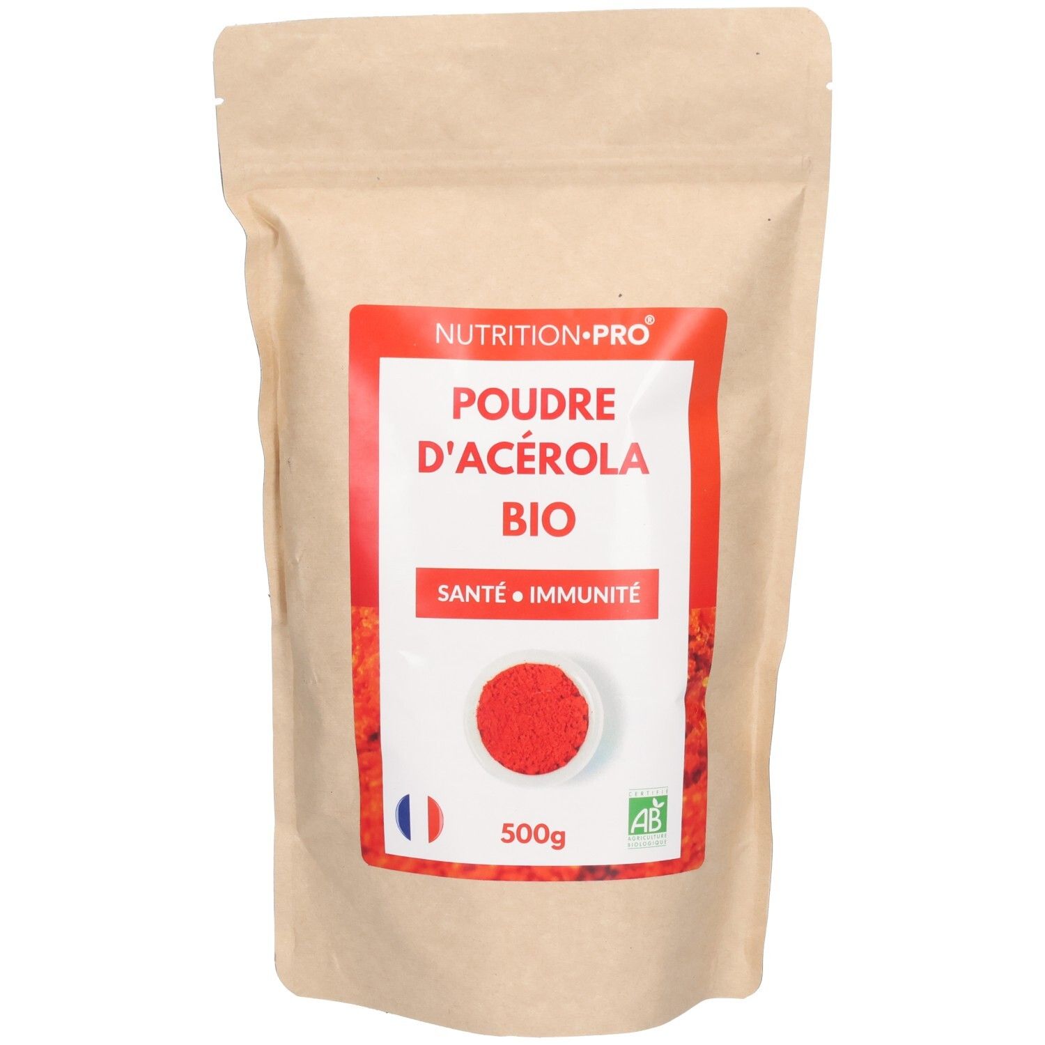 Sachet en papier avec poudre rouge. Étiquette rouge: Poudre d'Acérola Bio, Santé Immunité. Drapeau français, 500g, label AB.