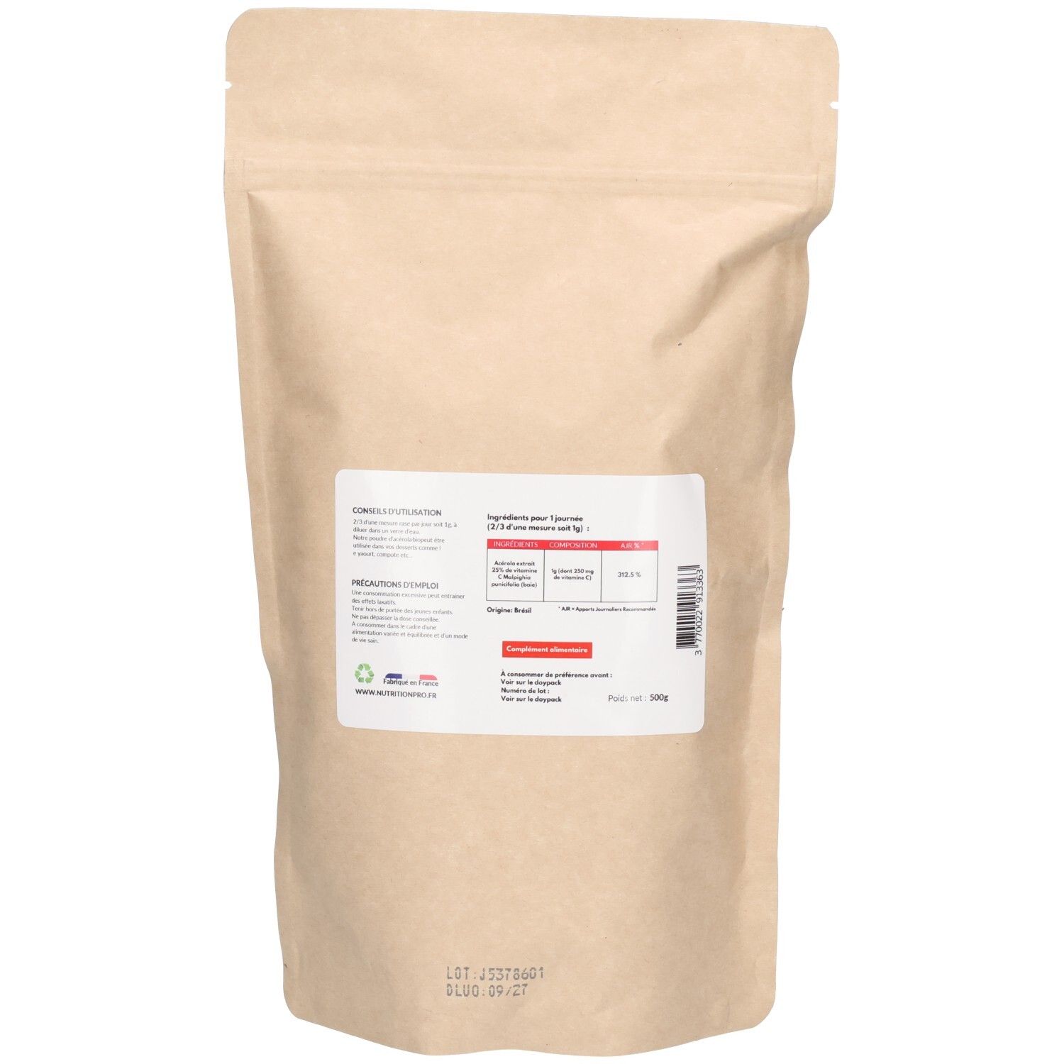 Dos du sachet. Étiquette blanche avec texte et informations nutritionnelles. Code-barres. Sachet en papier avec fermeture éclair.