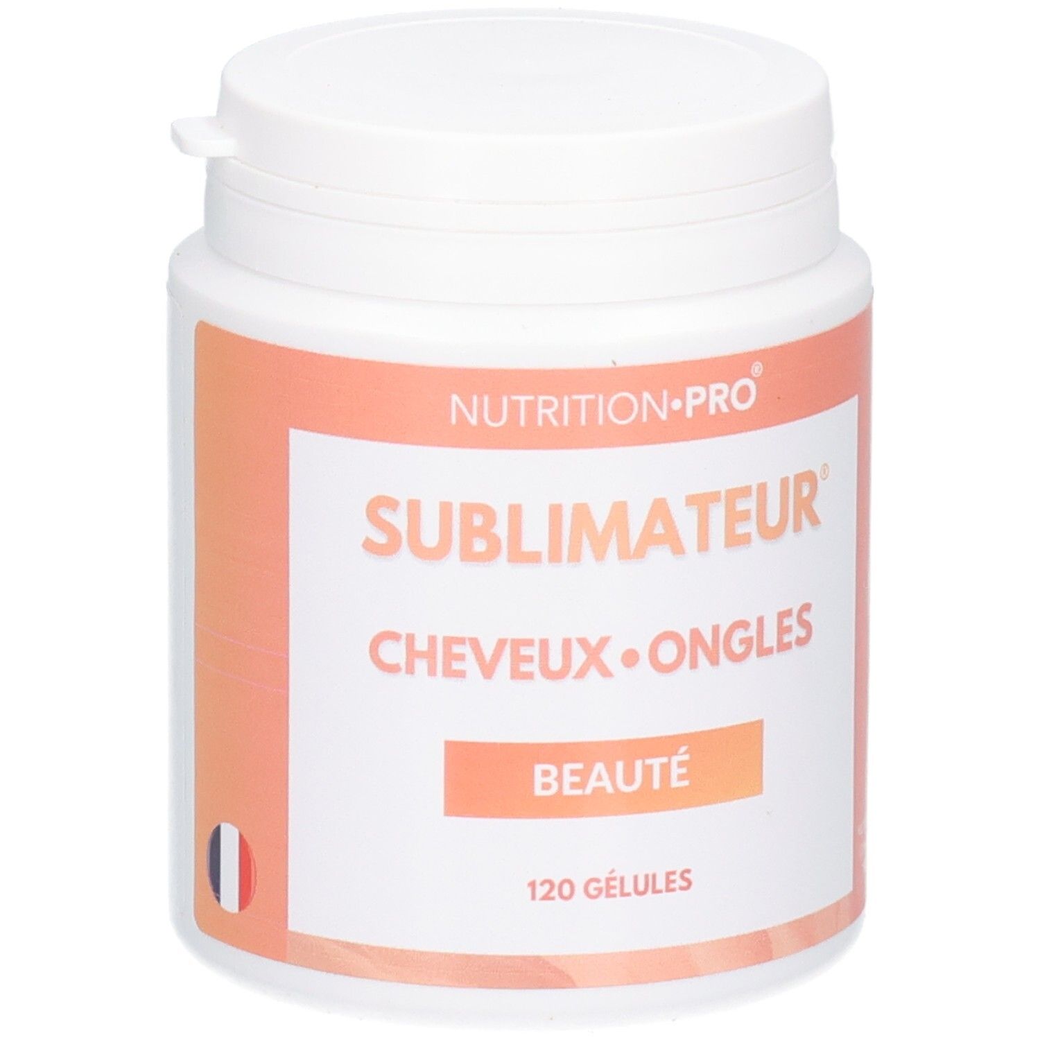 Weiße Dose mit orangefarbenem Etikett. Aufschrift: SUBIMATEUR, CHEVEUX•ONGLES, BEAUTÉ, 120 GÉLULES. Französische Flagge.